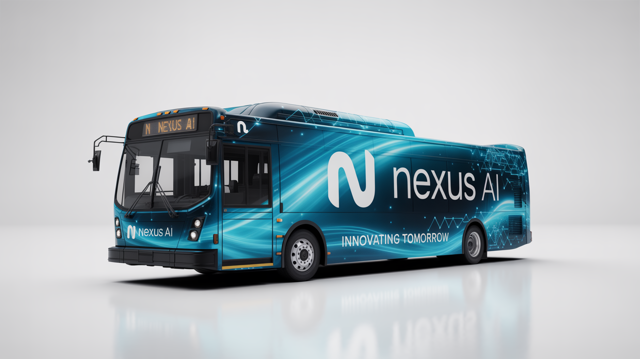 A photorealistic mockup of a modern city bus featuring a sleek, futuristic blue and silver wrap design for a fictional tech company, set against a plain white background.