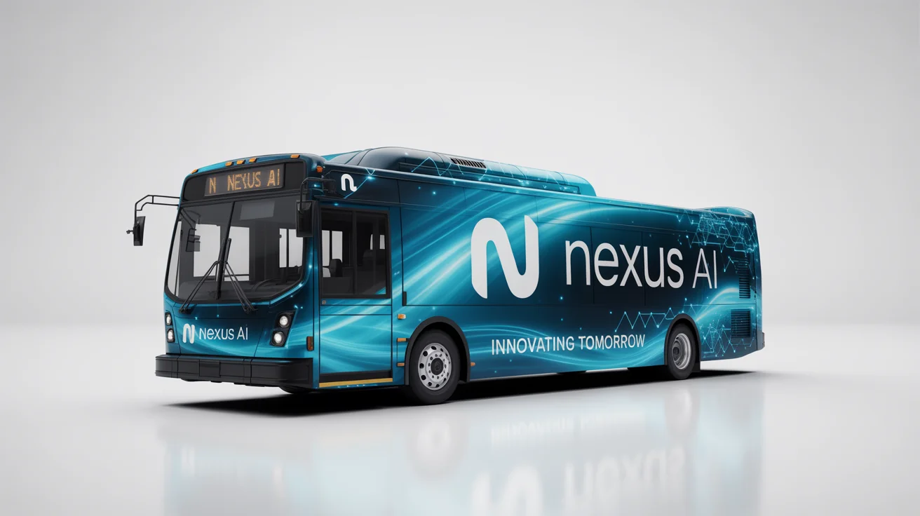 A photorealistic mockup of a modern city bus featuring a sleek, futuristic blue and silver wrap design for a fictional tech company, set against a plain white background.