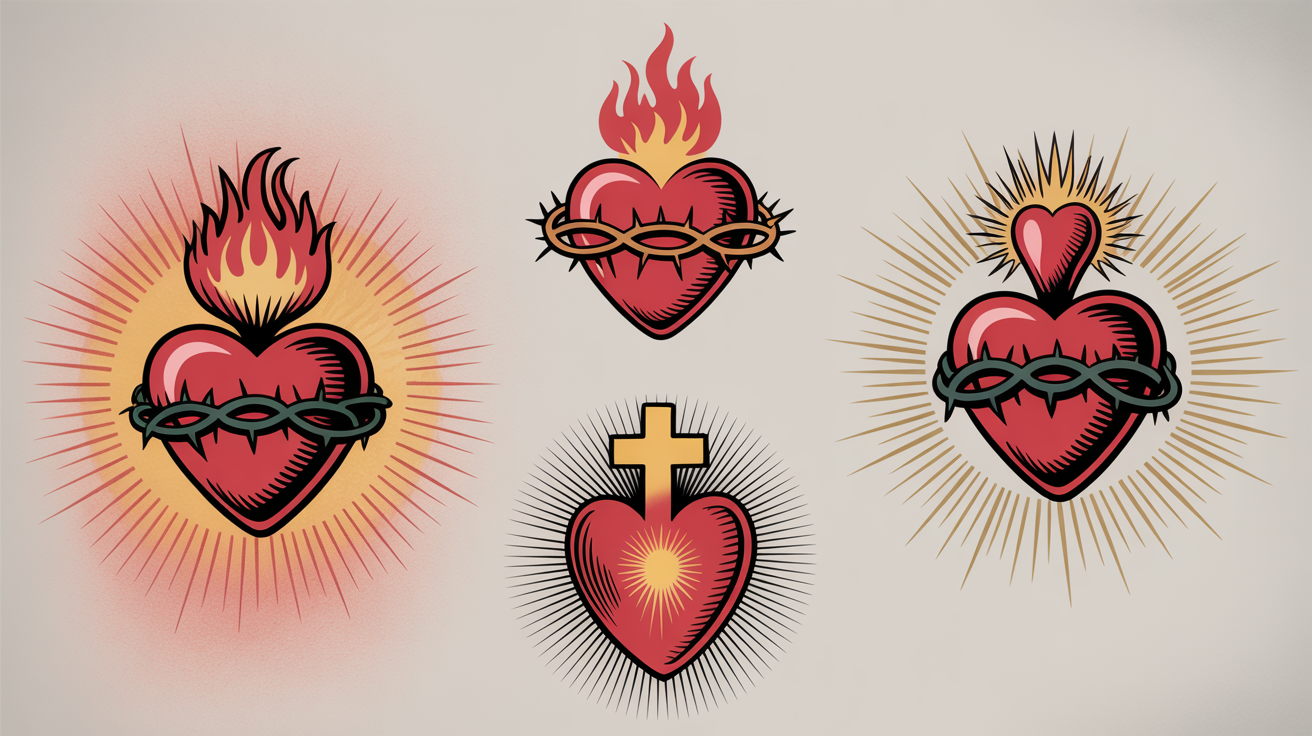 A showcase of four different Sacred Heart clipart styles, including traditional, line art, watercolor, and modern graphic, arranged neatly on a light background.
