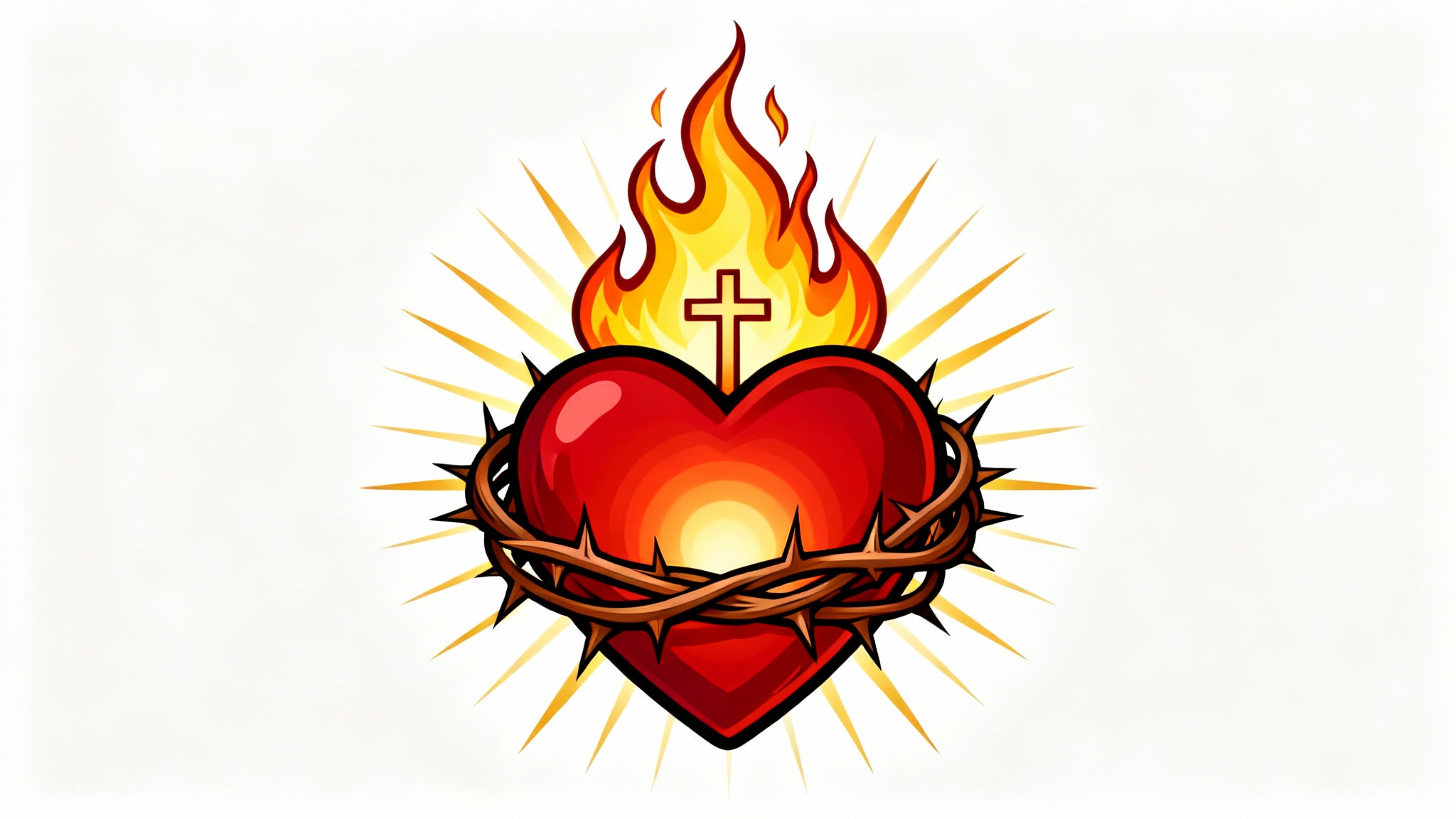 A modern clipart illustration of the Sacred Heart, featuring a radiant red heart wrapped in a crown of thorns, with flames and a cross at the top, and golden light rays emanating from behind it, all on a white background.