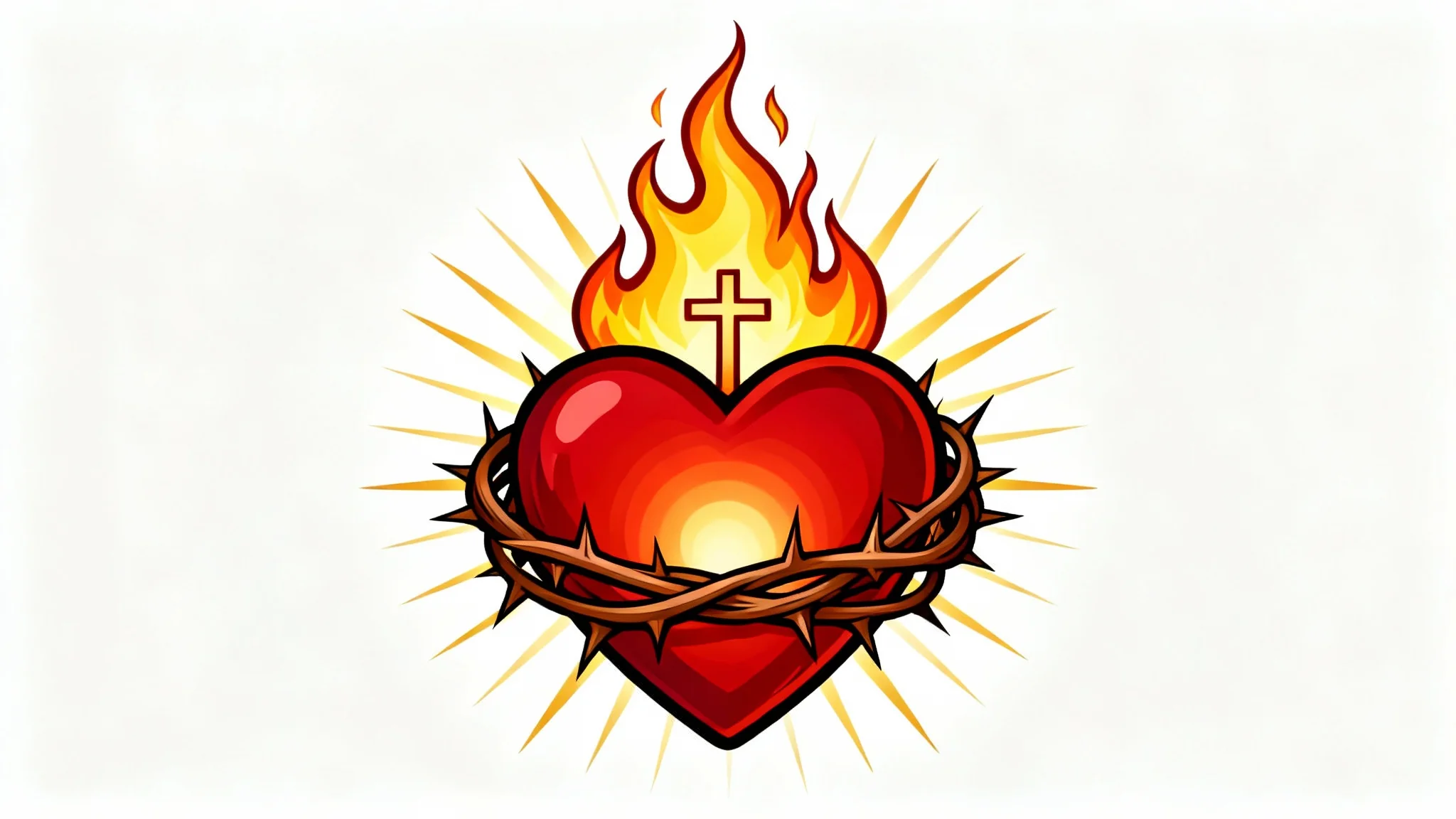 A modern clipart illustration of the Sacred Heart, featuring a radiant red heart wrapped in a crown of thorns, with flames and a cross at the top, and golden light rays emanating from behind it, all on a white background.