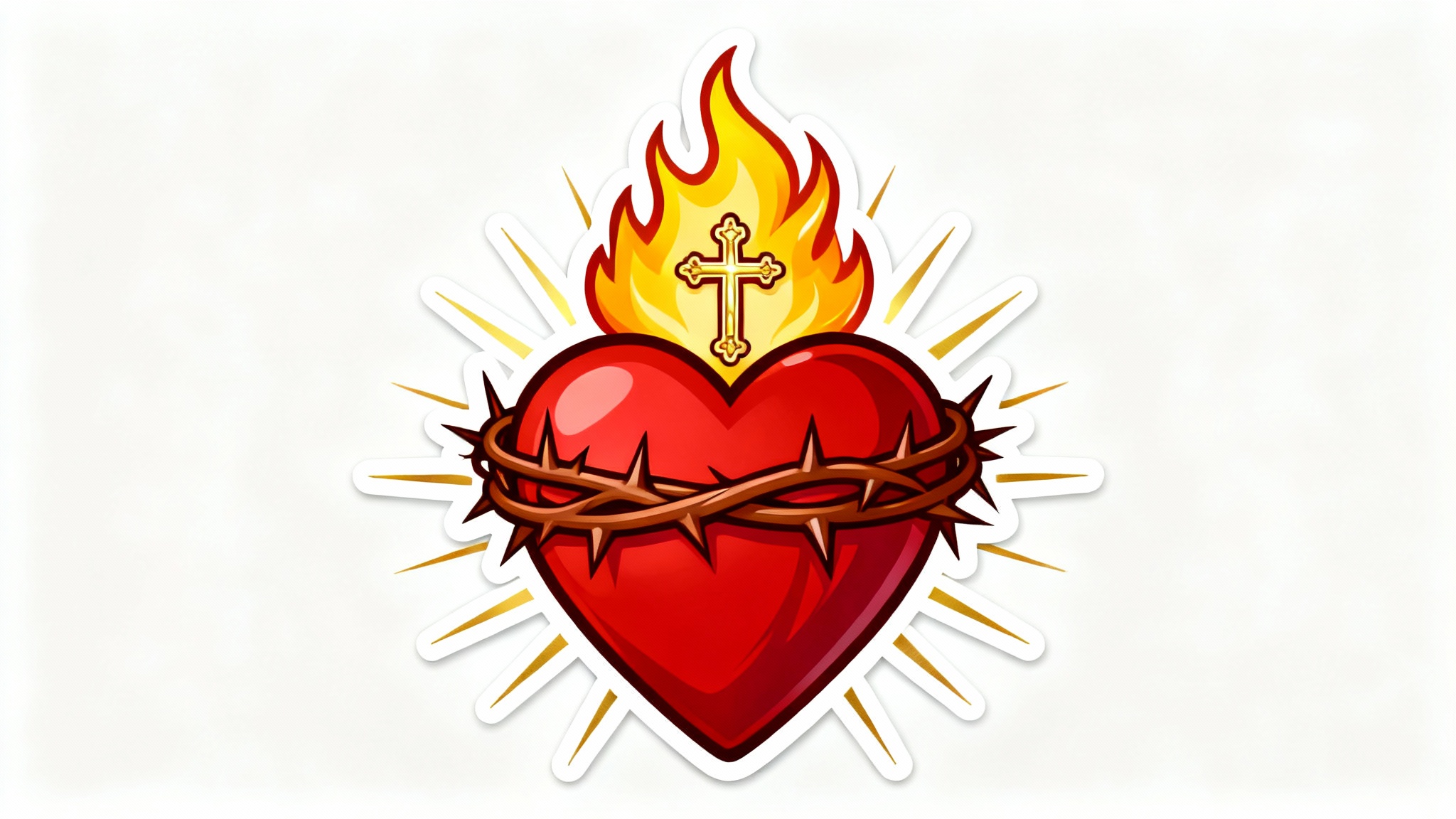 A detailed clipart illustration of the Sacred Heart of Jesus, featuring a red heart wrapped in a crown of thorns with flames and a cross on top, designed in a clean vector style against a white background.