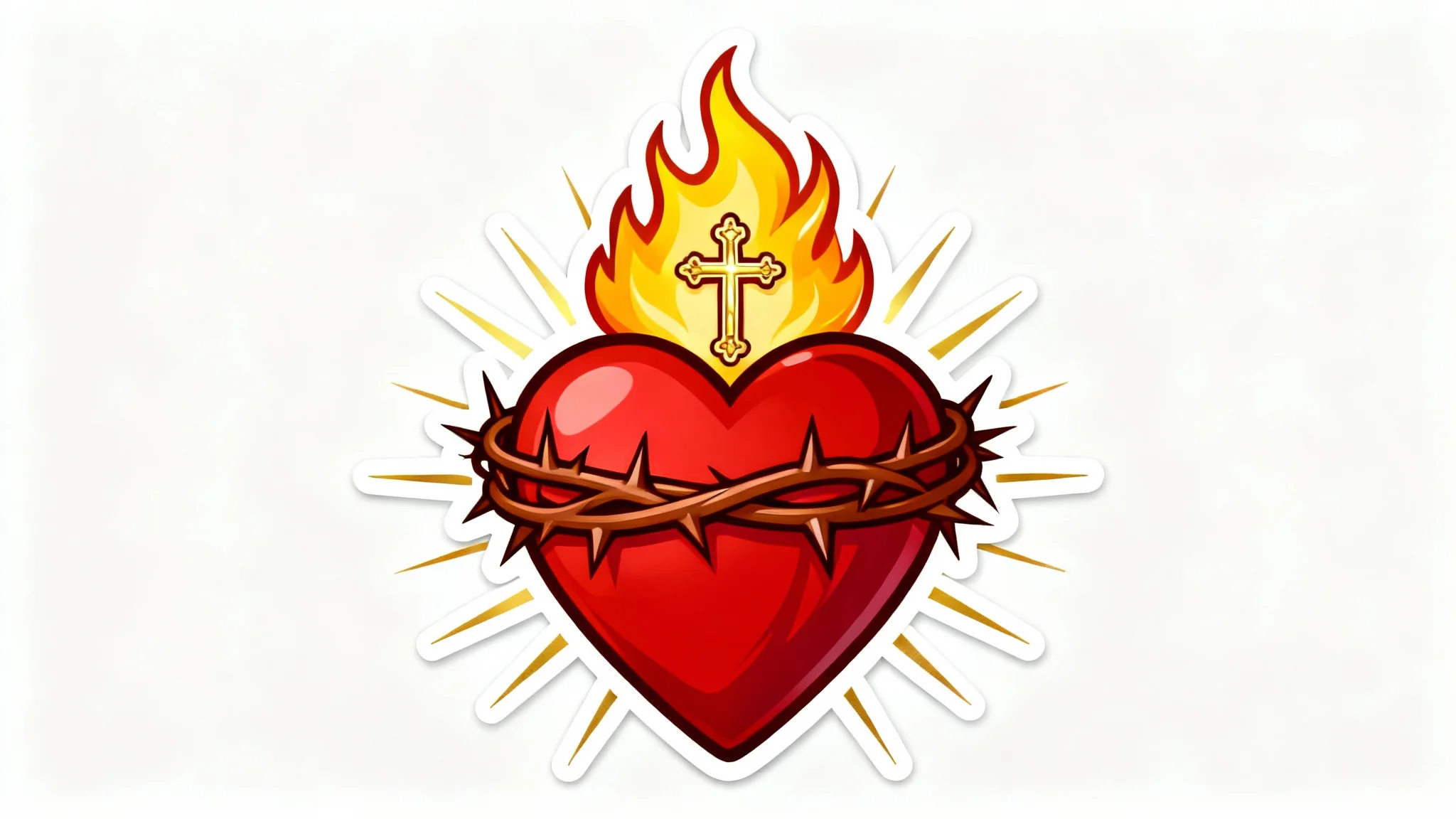 A detailed clipart illustration of the Sacred Heart of Jesus, featuring a red heart wrapped in a crown of thorns with flames and a cross on top, designed in a clean vector style against a white background.