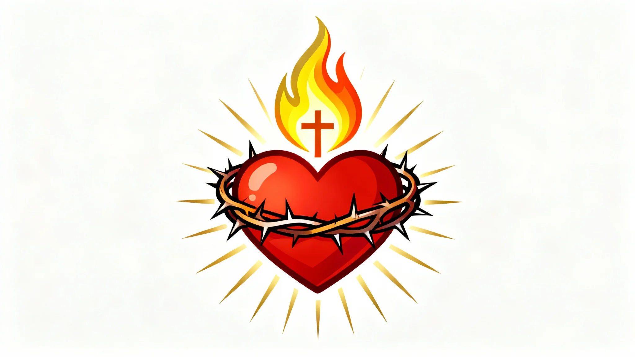 A stylized vector illustration of the Sacred Heart, showing a red heart wrapped in a crown of thorns with a flame and cross on top, isolated against a white background.