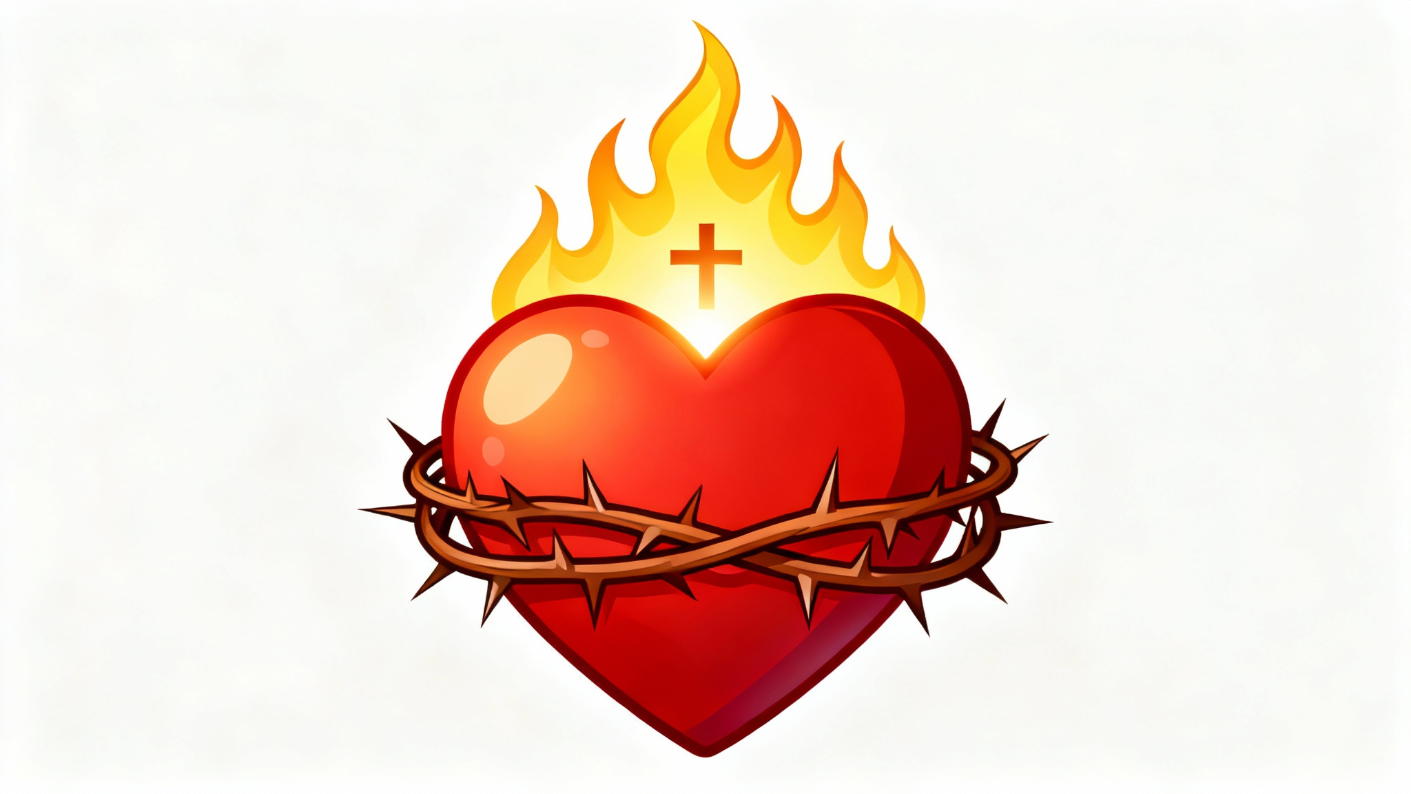 A digital clipart illustration of the Sacred Heart, featuring a glowing red heart topped with flames and a cross, and wrapped in a crown of thorns, all on a plain white background.