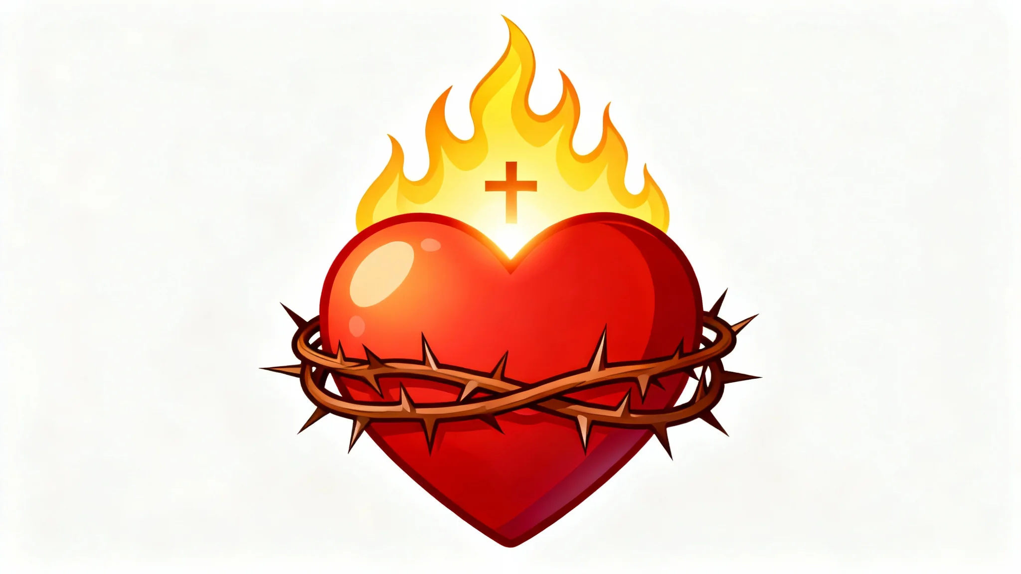 A digital clipart illustration of the Sacred Heart, featuring a glowing red heart topped with flames and a cross, and wrapped in a crown of thorns, all on a plain white background.
