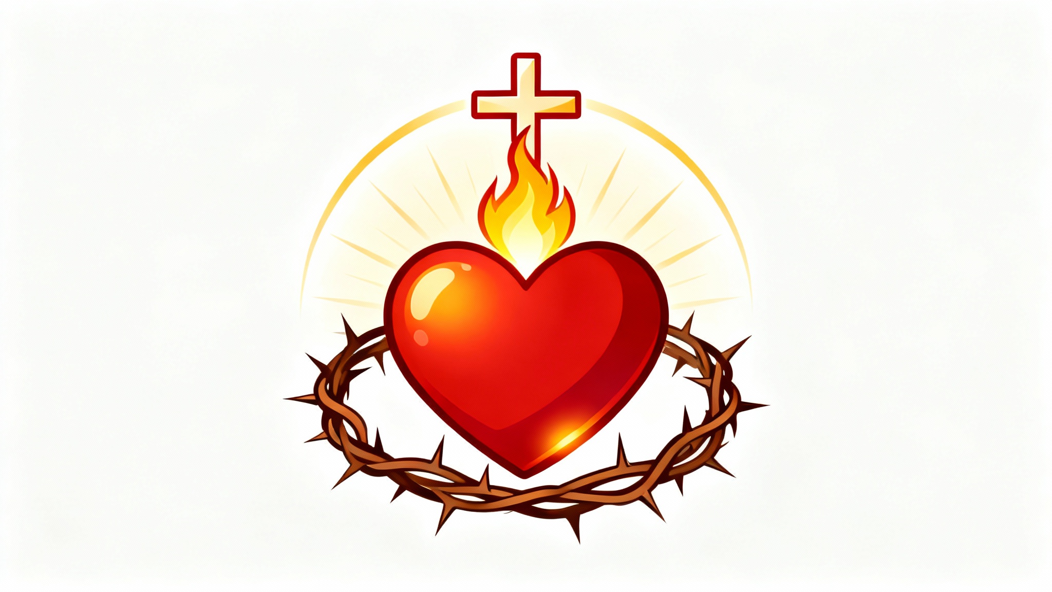 A modern clipart illustration of the Sacred Heart of Jesus, featuring a flaming red heart wrapped in a crown of thorns with a cross on top, set against a white background.