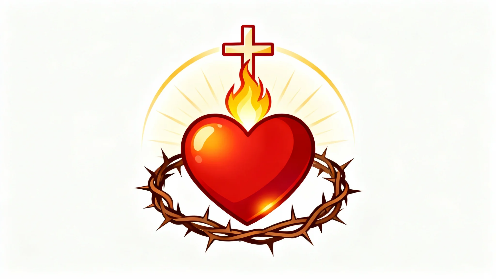 A modern clipart illustration of the Sacred Heart of Jesus, featuring a flaming red heart wrapped in a crown of thorns with a cross on top, set against a white background.