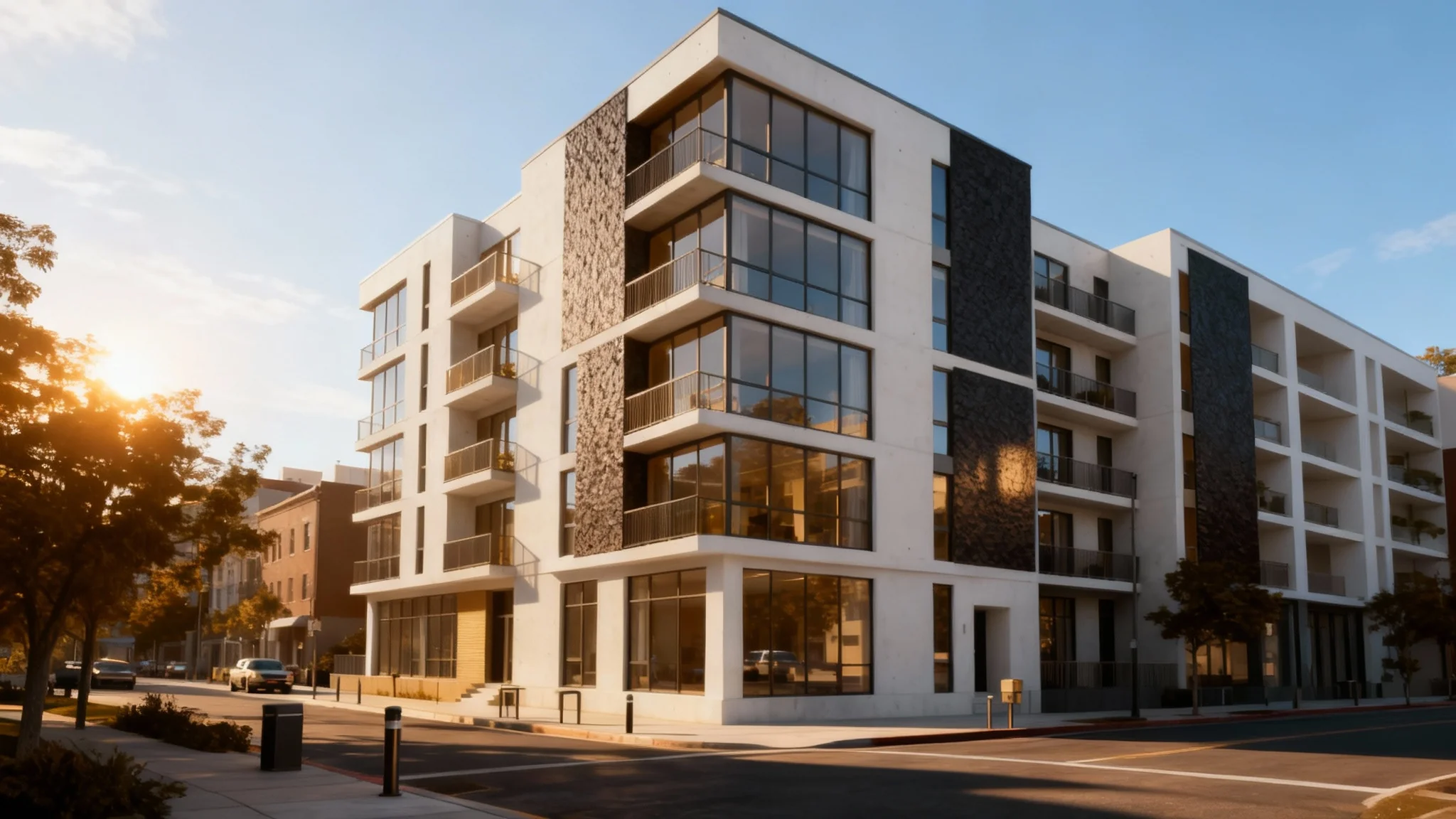 A photorealistic rendering of a modern apartment building with glass balconies, shown at sunset in a city setting.