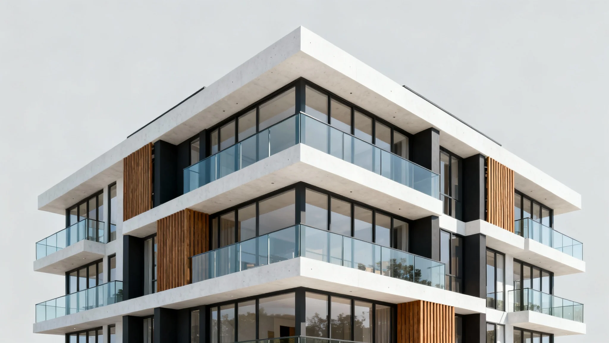 A photorealistic architectural rendering of a modern, multi-story apartment building with large windows and balconies, set against a clean, plain background.