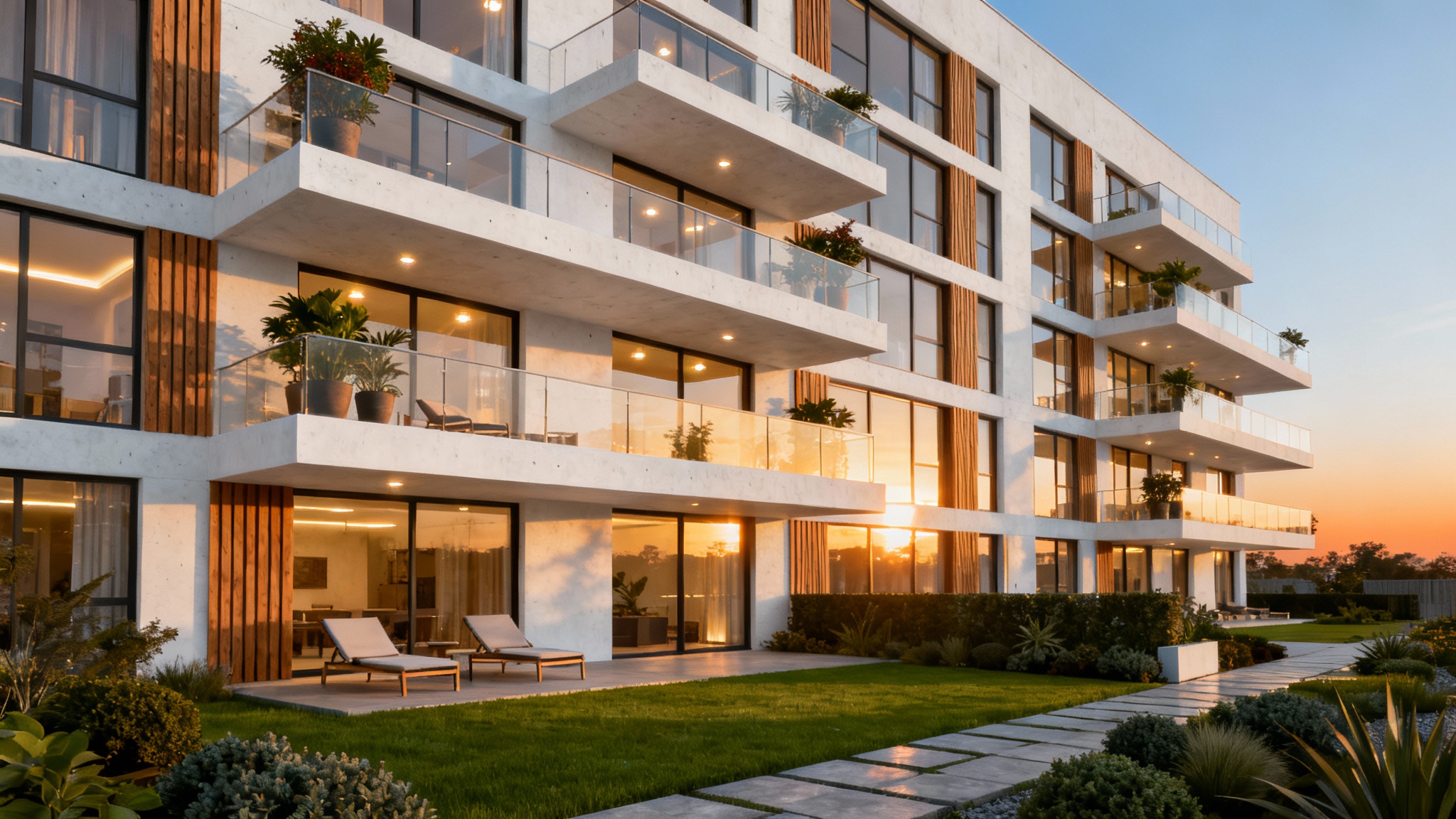 A stunning, photorealistic rendering of a modern apartment building at sunset, showcasing its sleek design with wood and concrete accents, large balconies, and warm interior lighting.