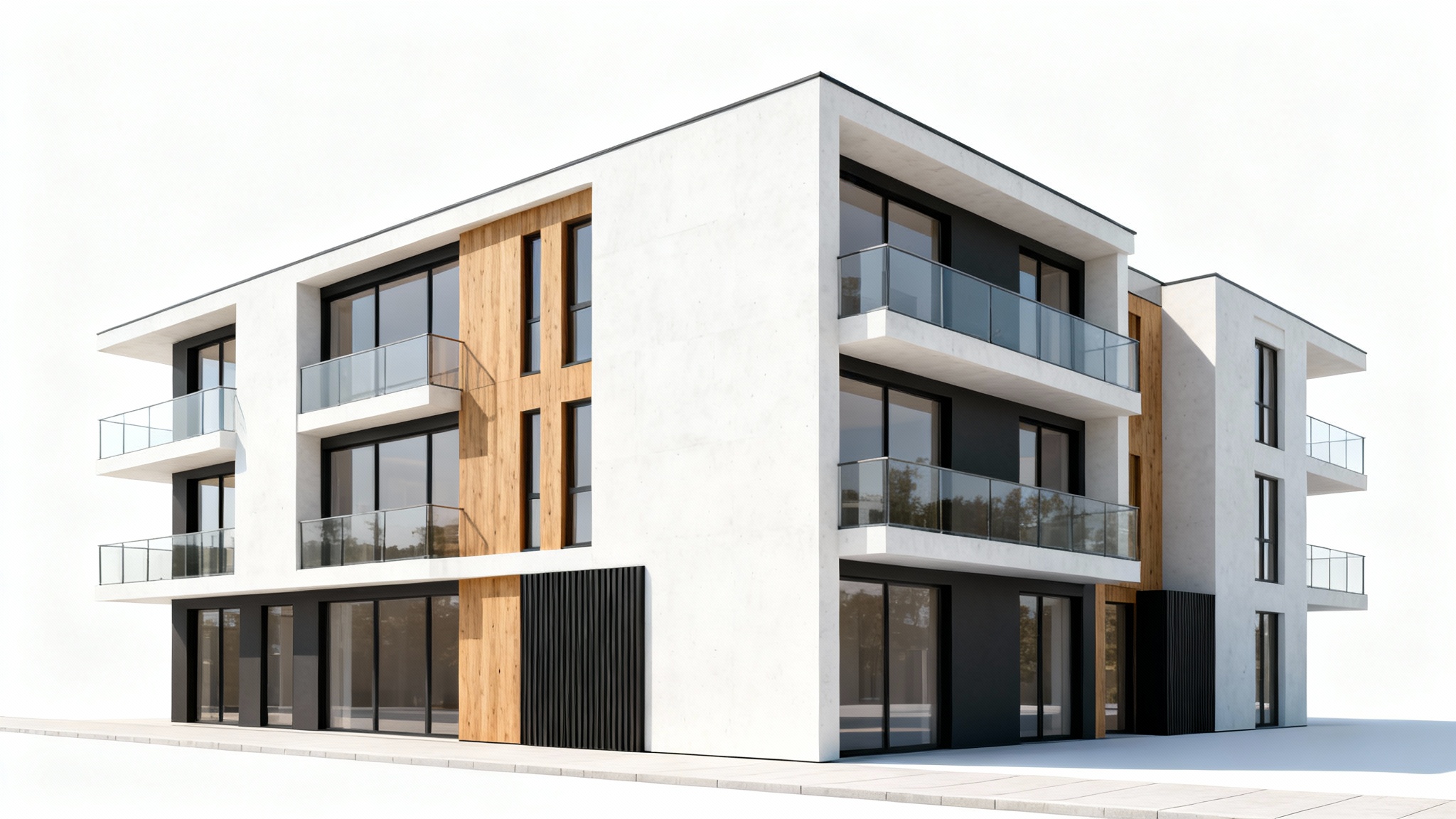 A photorealistic architectural rendering of a modern, multi-story apartment building with large windows and balconies, set against a clean white background.