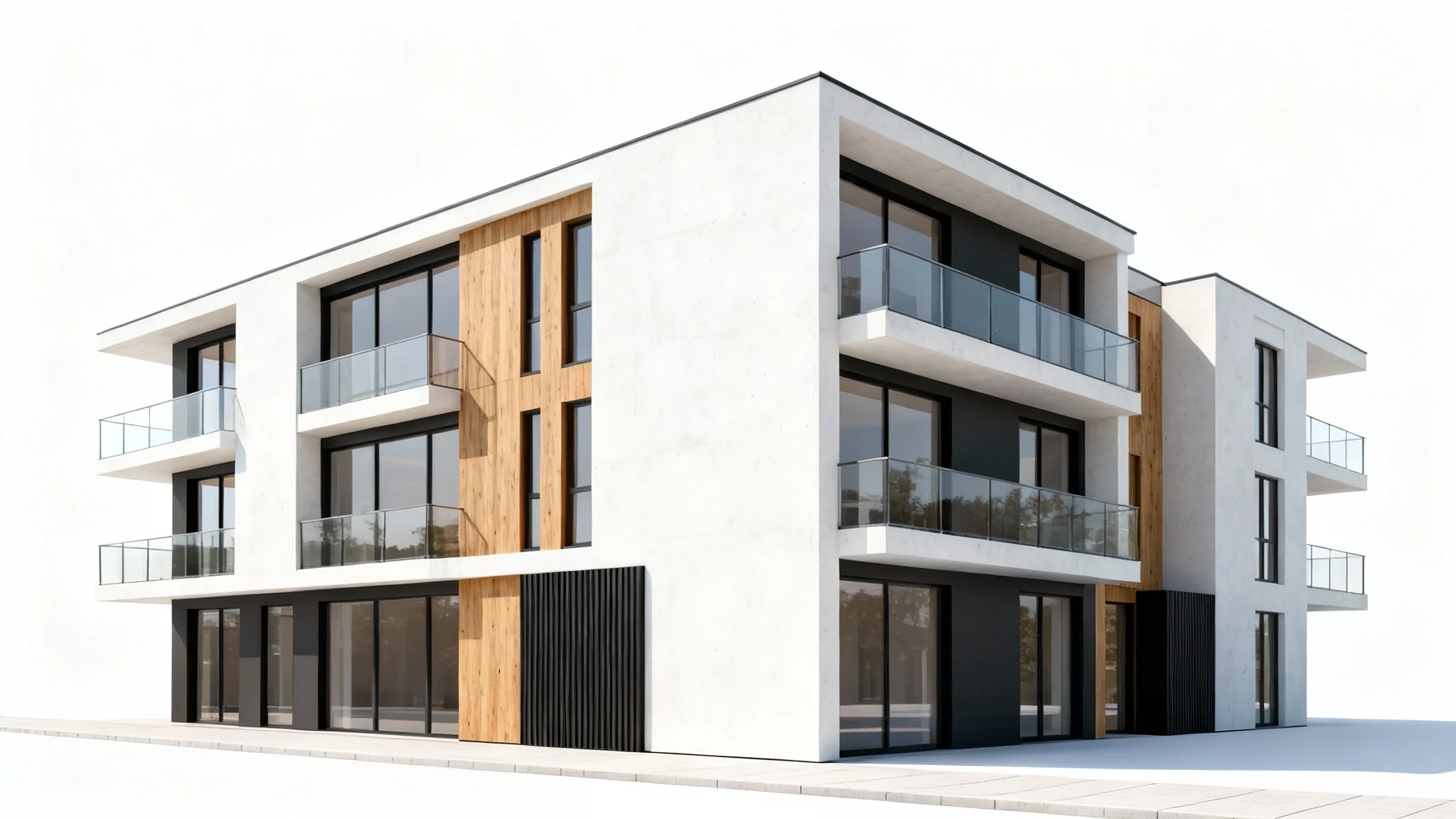 A photorealistic architectural rendering of a modern, multi-story apartment building with large windows and balconies, set against a clean white background.