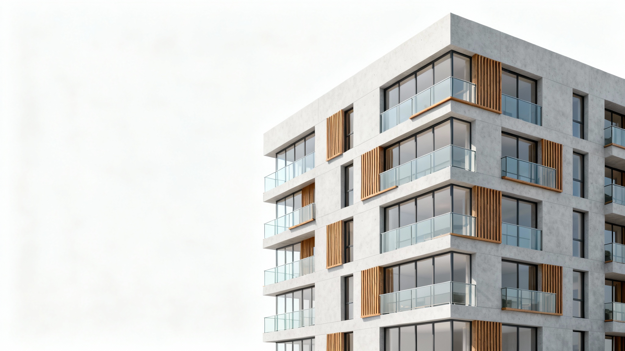 A photorealistic 3D architectural rendering of a modern apartment building with concrete, wood, and glass details, shown against a plain white background.