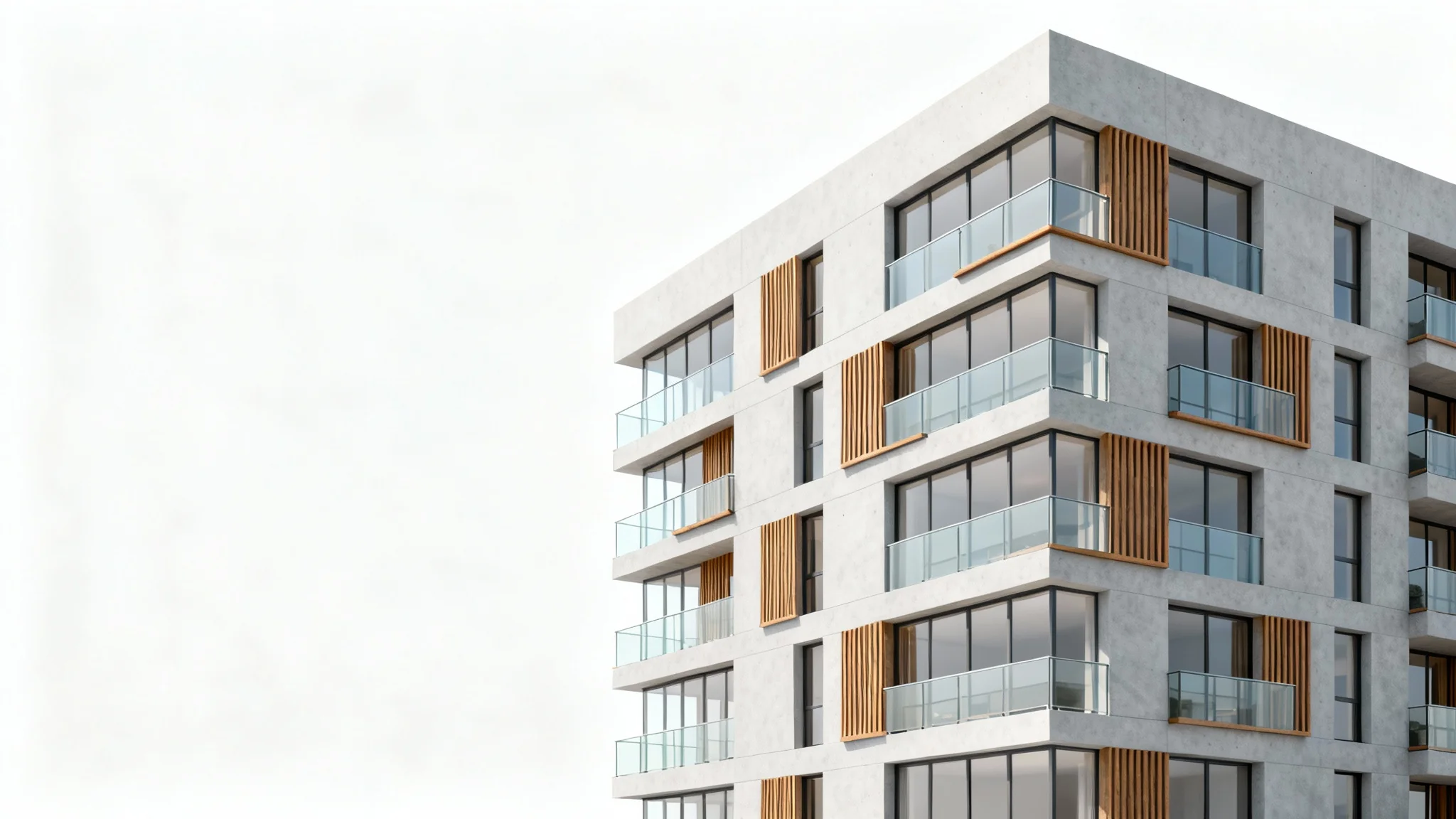 A photorealistic 3D architectural rendering of a modern apartment building with concrete, wood, and glass details, shown against a plain white background.
