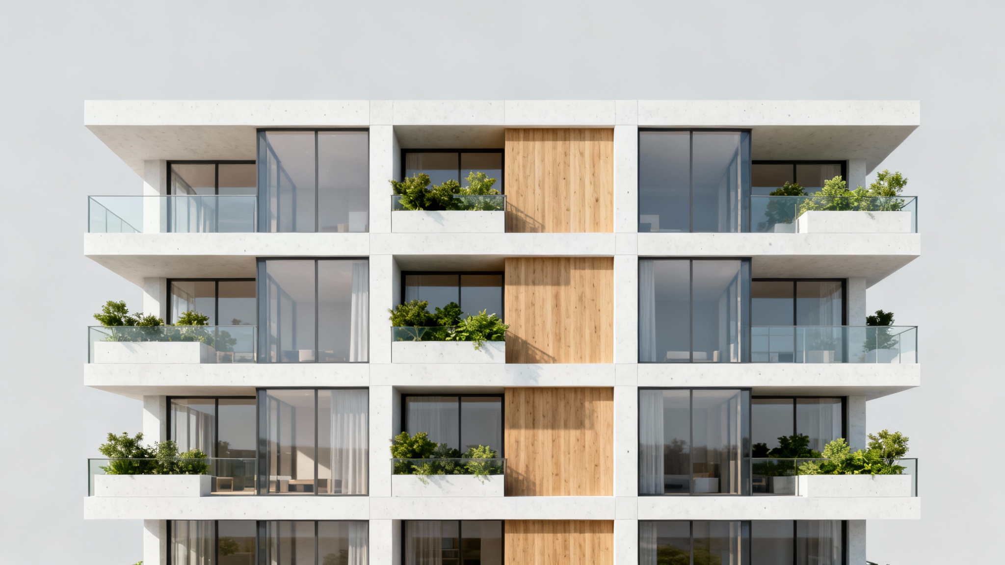 A photorealistic architectural rendering of a modern apartment building with a facade of glass, white concrete, and wood, shown against a neutral background.