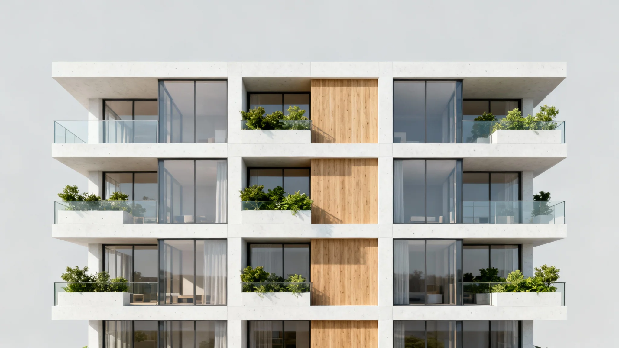 A photorealistic architectural rendering of a modern apartment building with a facade of glass, white concrete, and wood, shown against a neutral background.