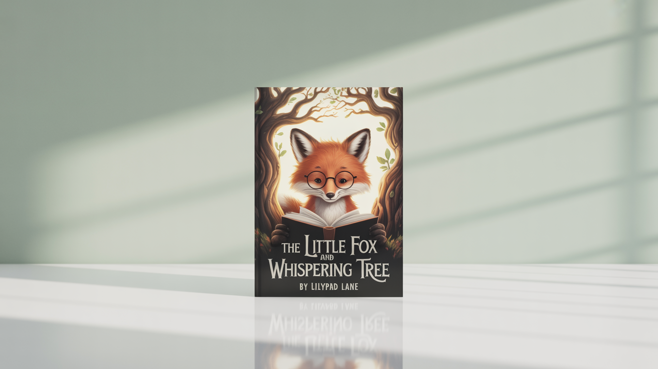 A professionally designed children's book cover mockup for 'The Little Fox and the Whispering Tree', featuring an illustration of a cute fox reading under a magical tree. The book is displayed on a clean, minimalist surface.