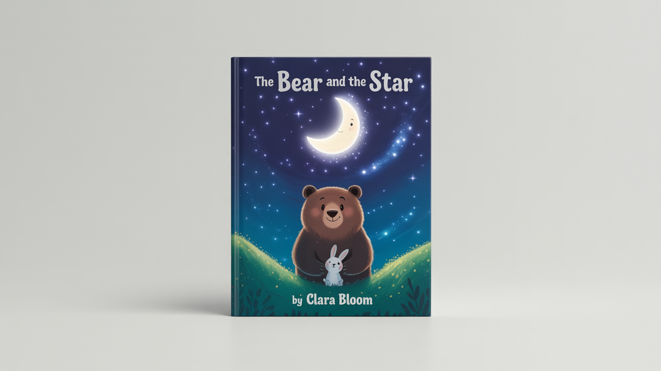 A mockup of a children's book cover titled 'The Bear and the Star', showing a charming illustration of a bear and a rabbit under a starry night sky, set against a white background.