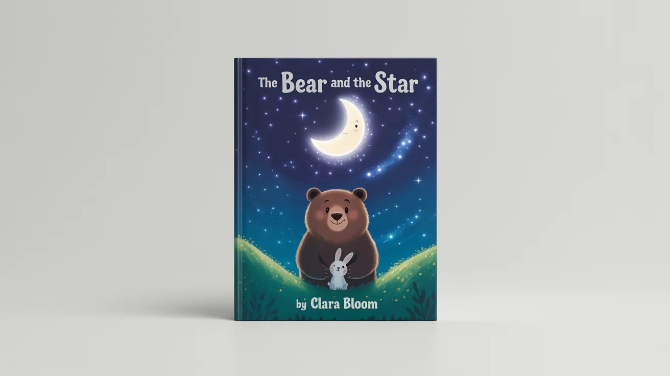 A mockup of a children's book cover titled 'The Bear and the Star', showing a charming illustration of a bear and a rabbit under a starry night sky, set against a white background.