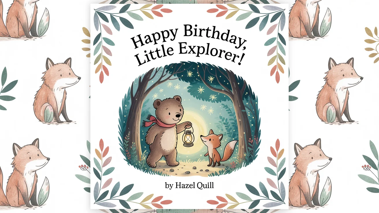 A mockup of a children's book cover titled 'The Night of Whispering Woods', showing a cartoon bear and fox in a magical forest at night.