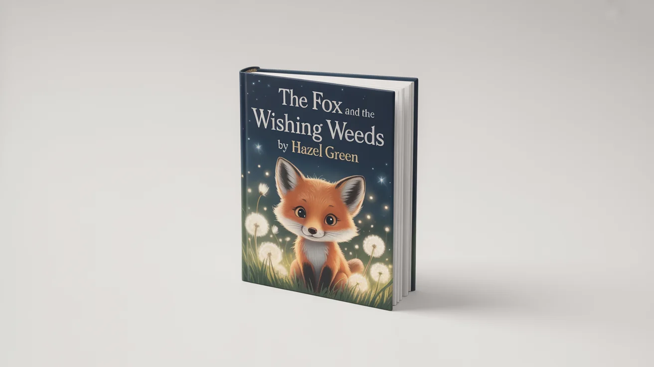 A beautiful mockup of a children's book cover titled 'The Fox and the Wishing Weeds'. The cover shows a cute fox cub in a field of glowing dandelions under a starry sky.