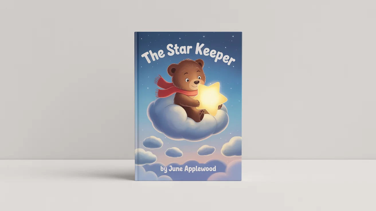 A mockup of a children's book cover titled 'The Star Keeper', showing a cute bear in a red scarf sitting on a cloud and holding a star against a blue sky.