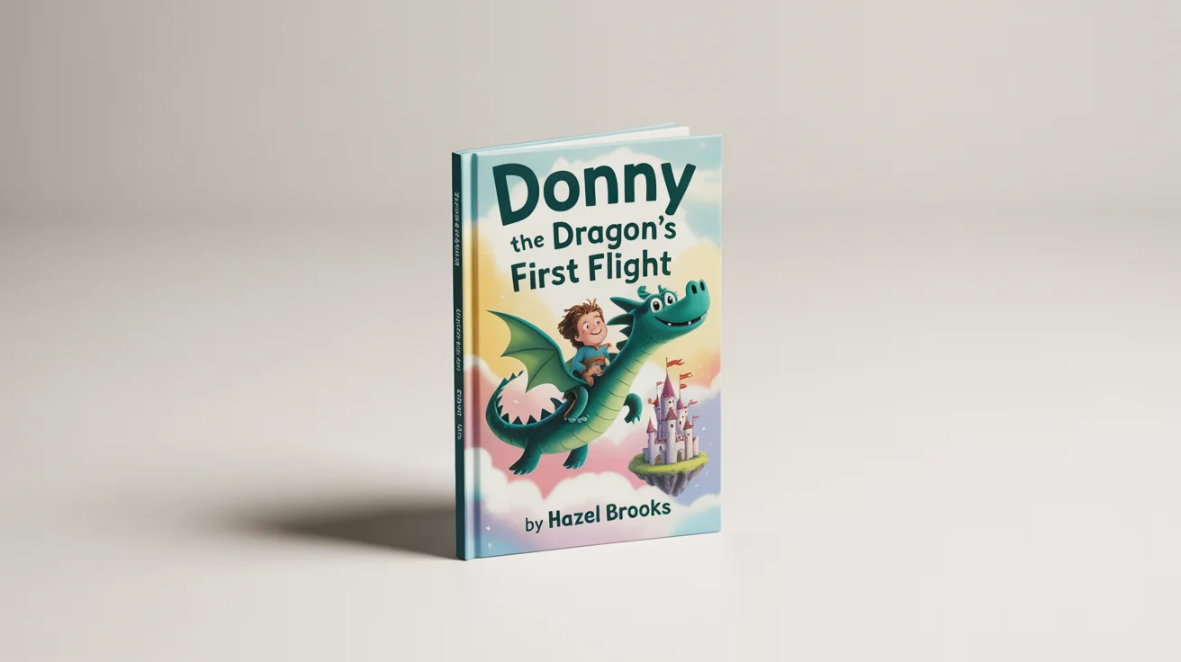 A children's book cover mockup titled 'Donny the Dragon's First Flight', featuring a whimsical illustration of a knight riding a friendly green dragon through the clouds.