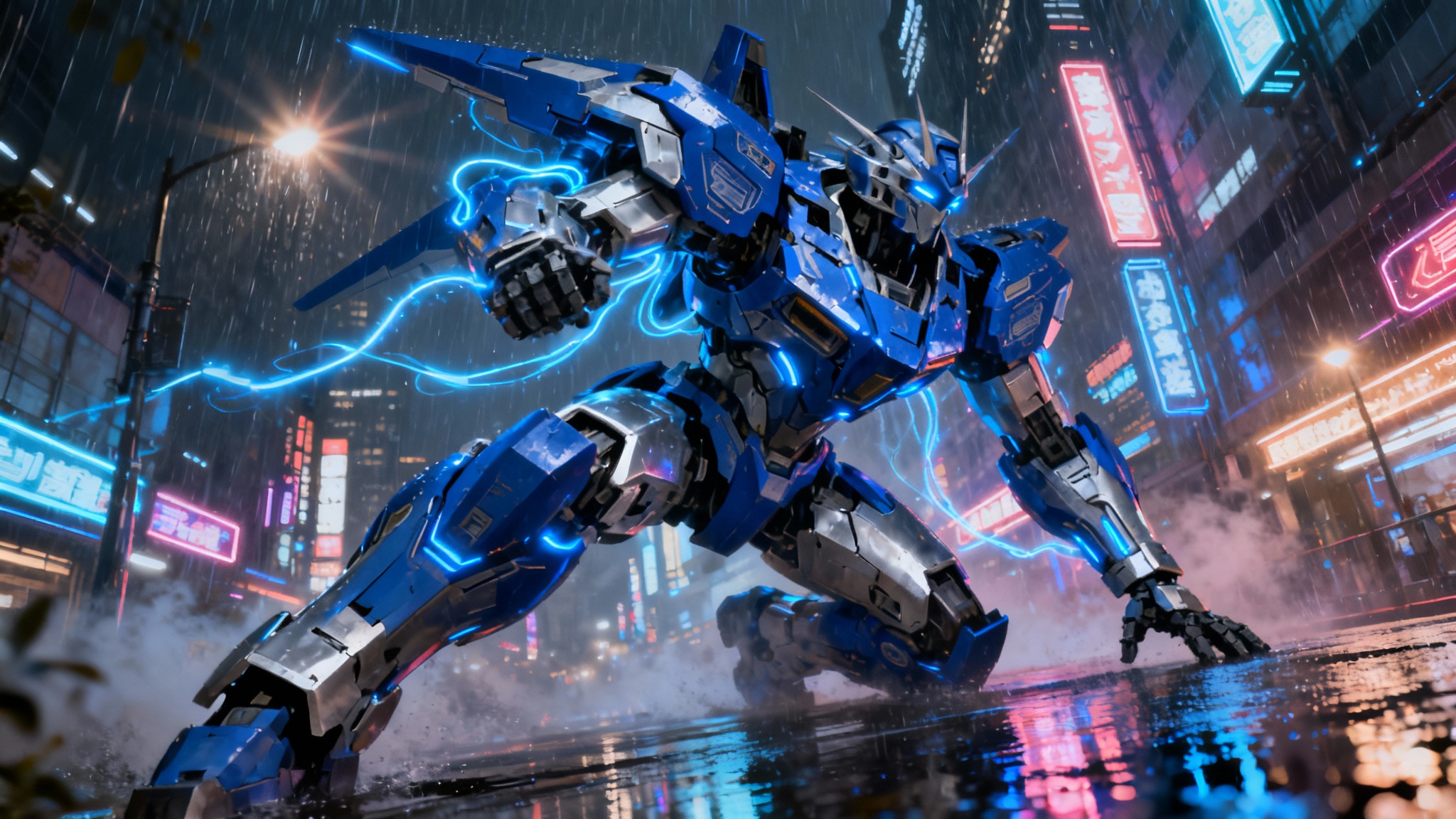 A hyper-detailed concept art illustration of a massive blue and silver mecha robot standing heroically in a rainy, futuristic city at night, with neon lights reflecting off its metallic body.
