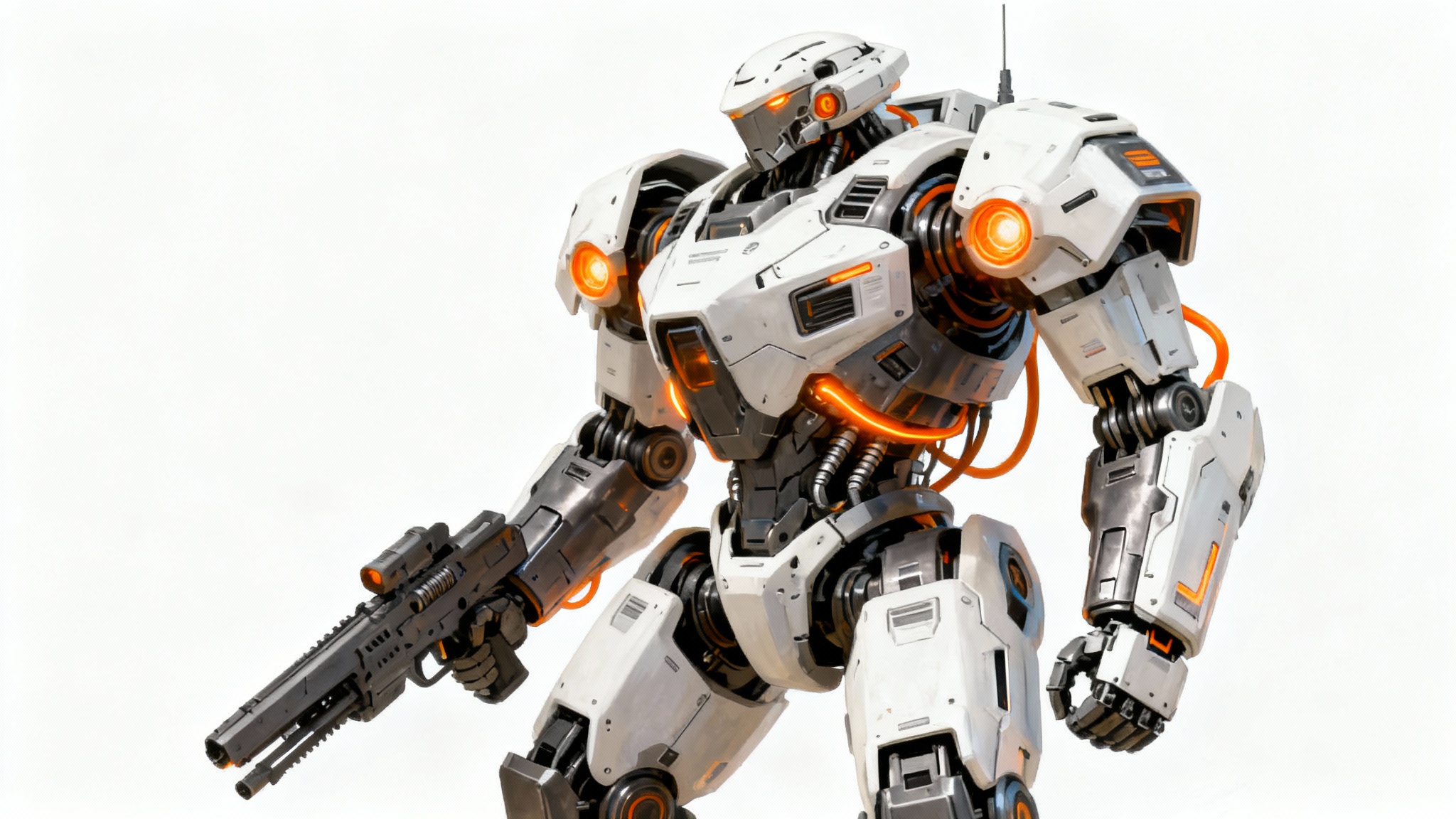 A detailed concept art image of a futuristic mecha robot in white and grey with orange lights, standing in a dynamic pose on a solid white background.