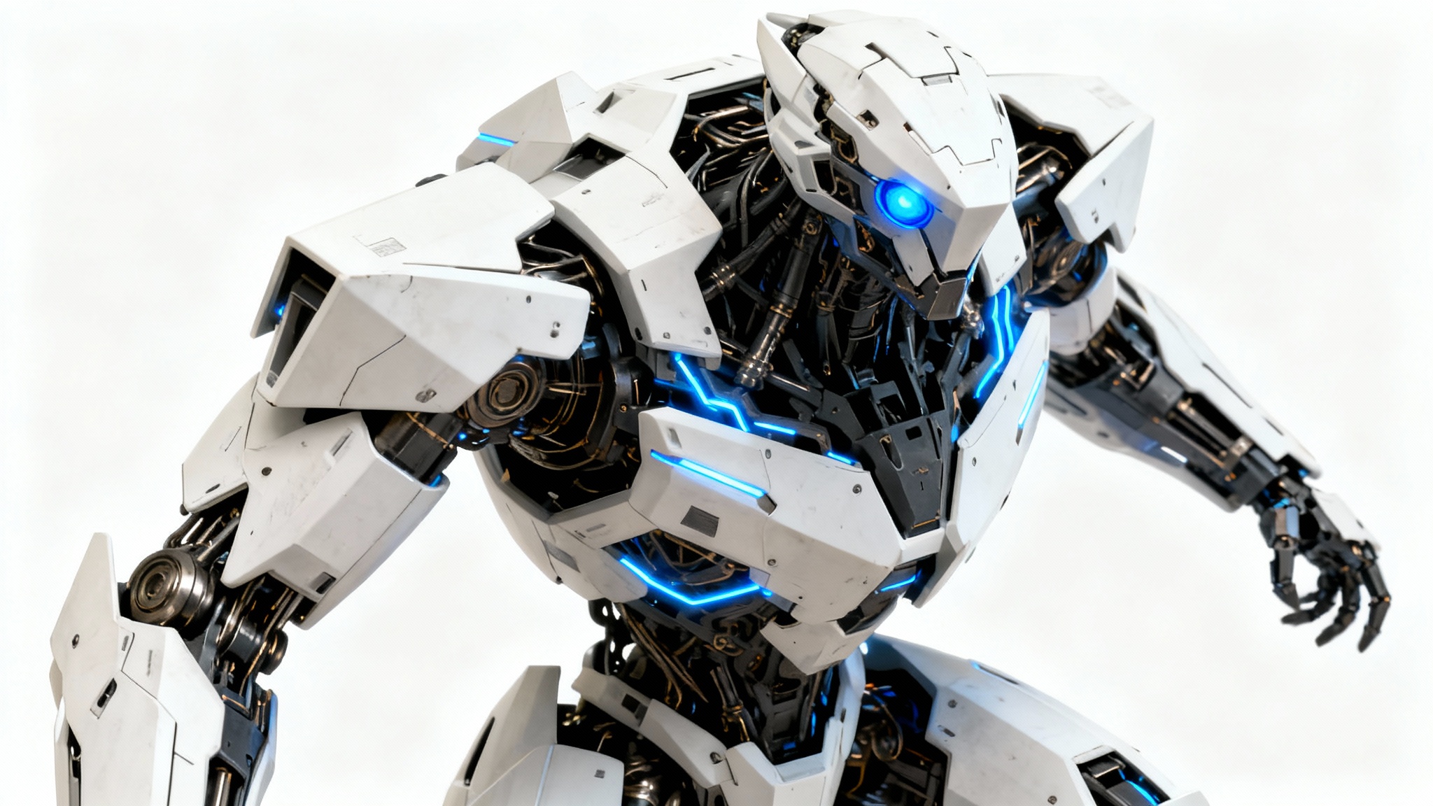 Digital concept art of a futuristic white and dark metal mecha with glowing blue details, standing in a dynamic pose on a white background.