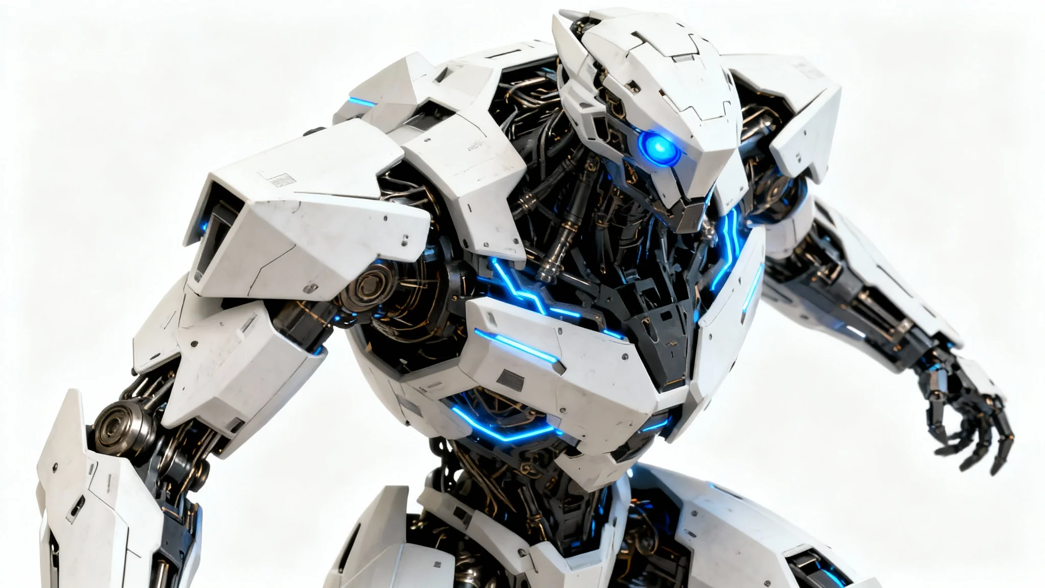 Digital concept art of a futuristic white and dark metal mecha with glowing blue details, standing in a dynamic pose on a white background.