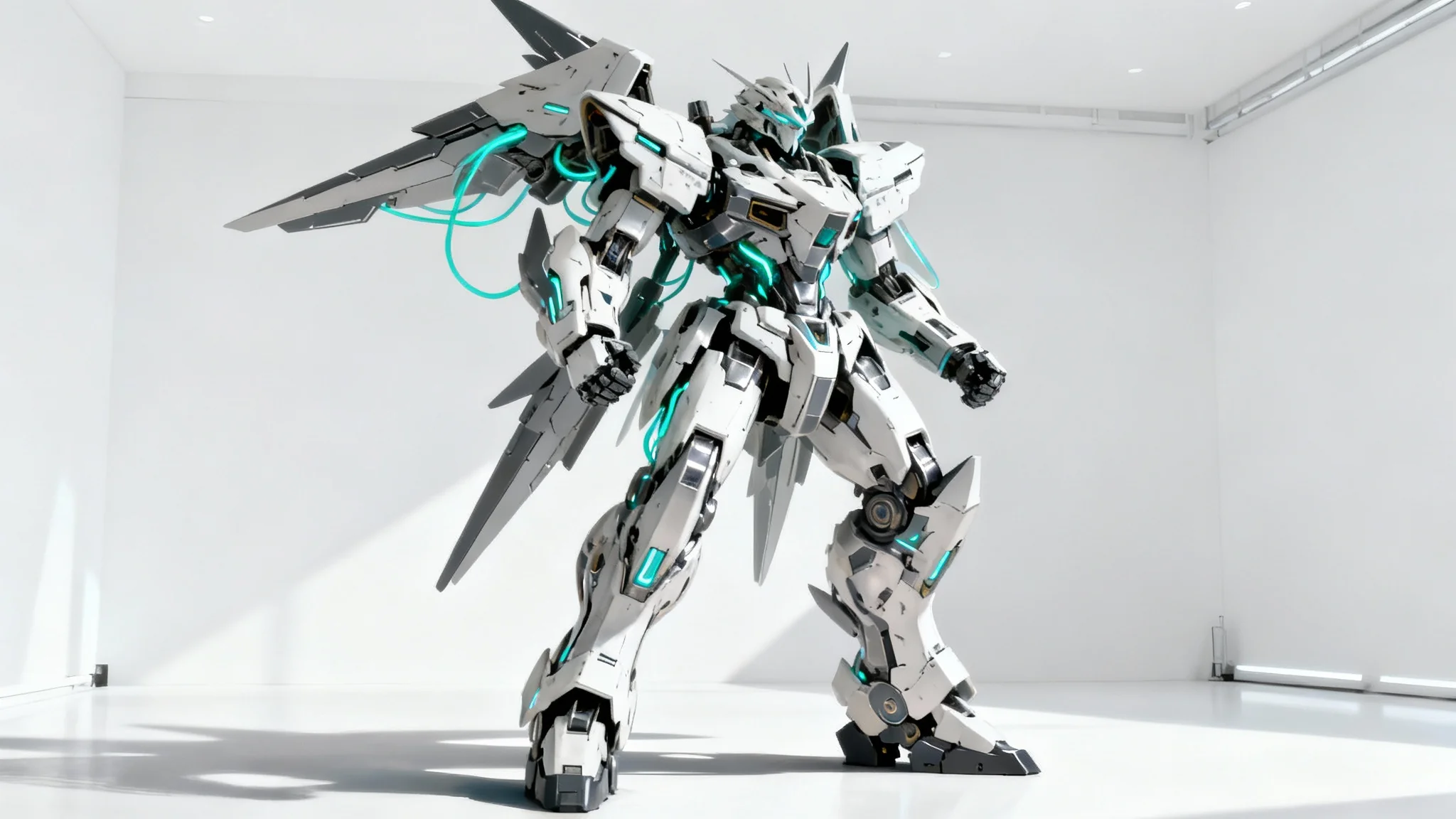 A detailed concept art image of a futuristic mecha warrior, designed with white and gunmetal gray armor and glowing cyan lights, posing dramatically against a plain white background.