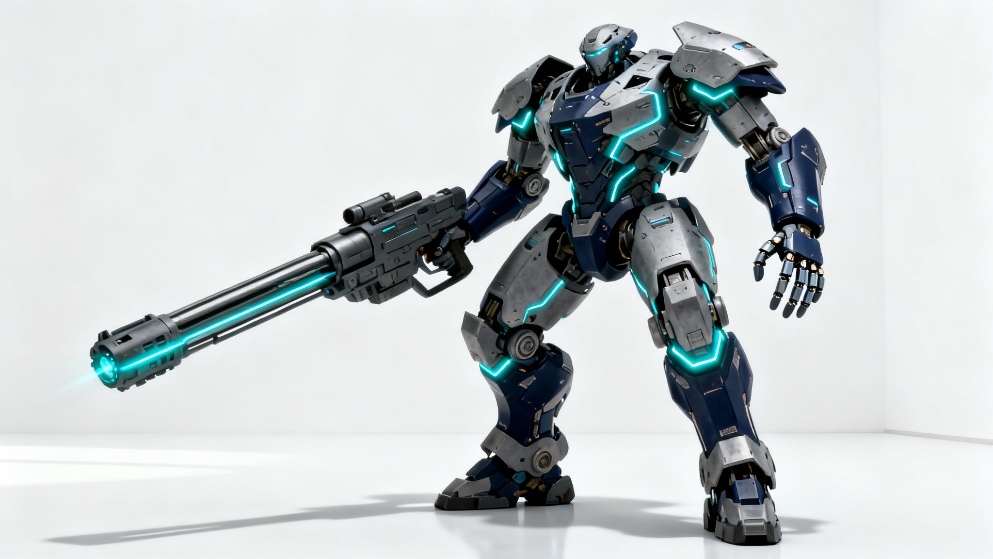 A detailed concept art illustration of a futuristic mecha robot, colored in gunmetal gray and navy blue with glowing cyan lights, standing on a solid white background.