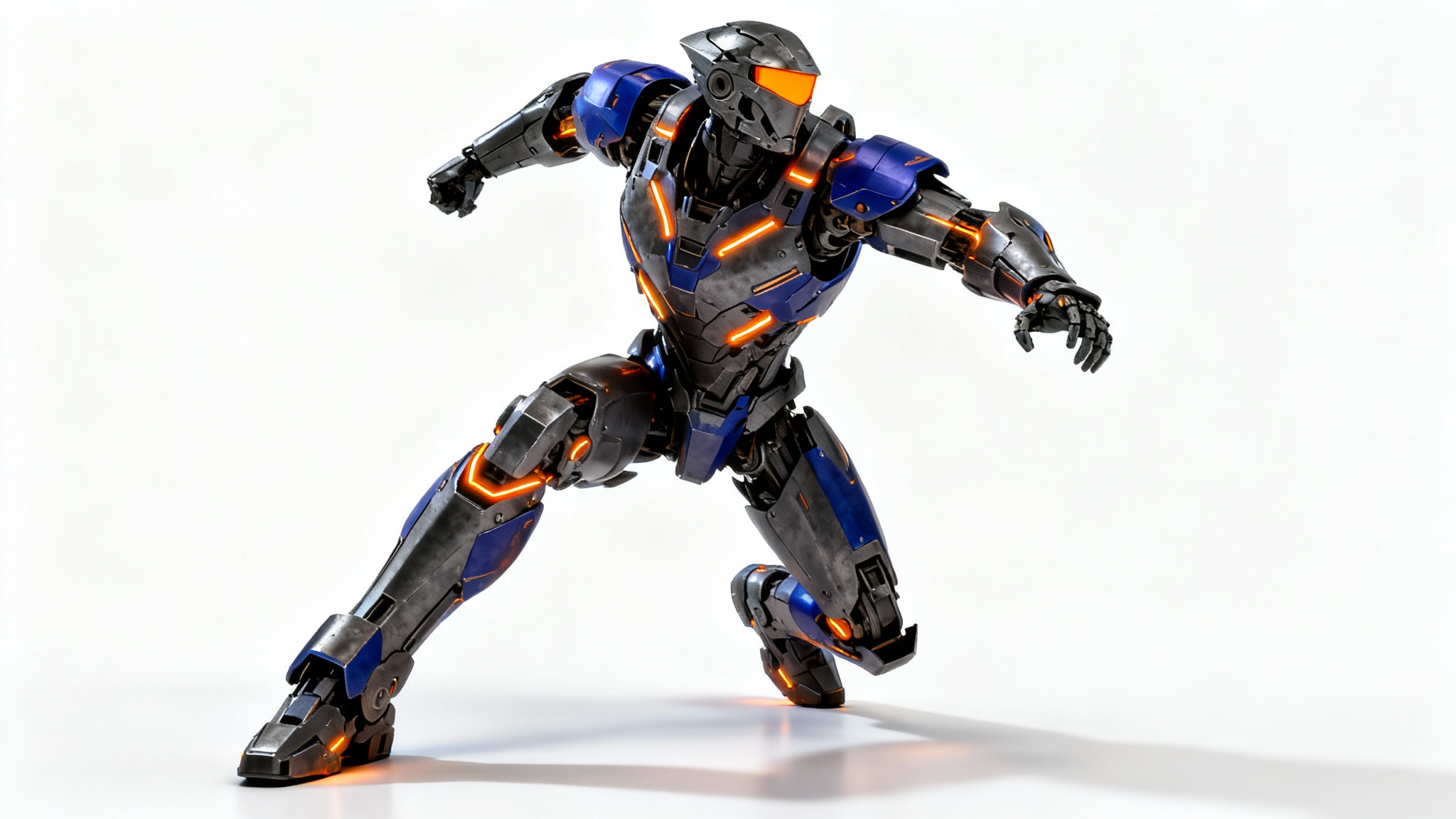 A hyper-realistic concept art image of a futuristic mecha warrior, designed in gunmetal gray and cobalt blue with glowing orange details, standing in a heroic pose against a stark white background.