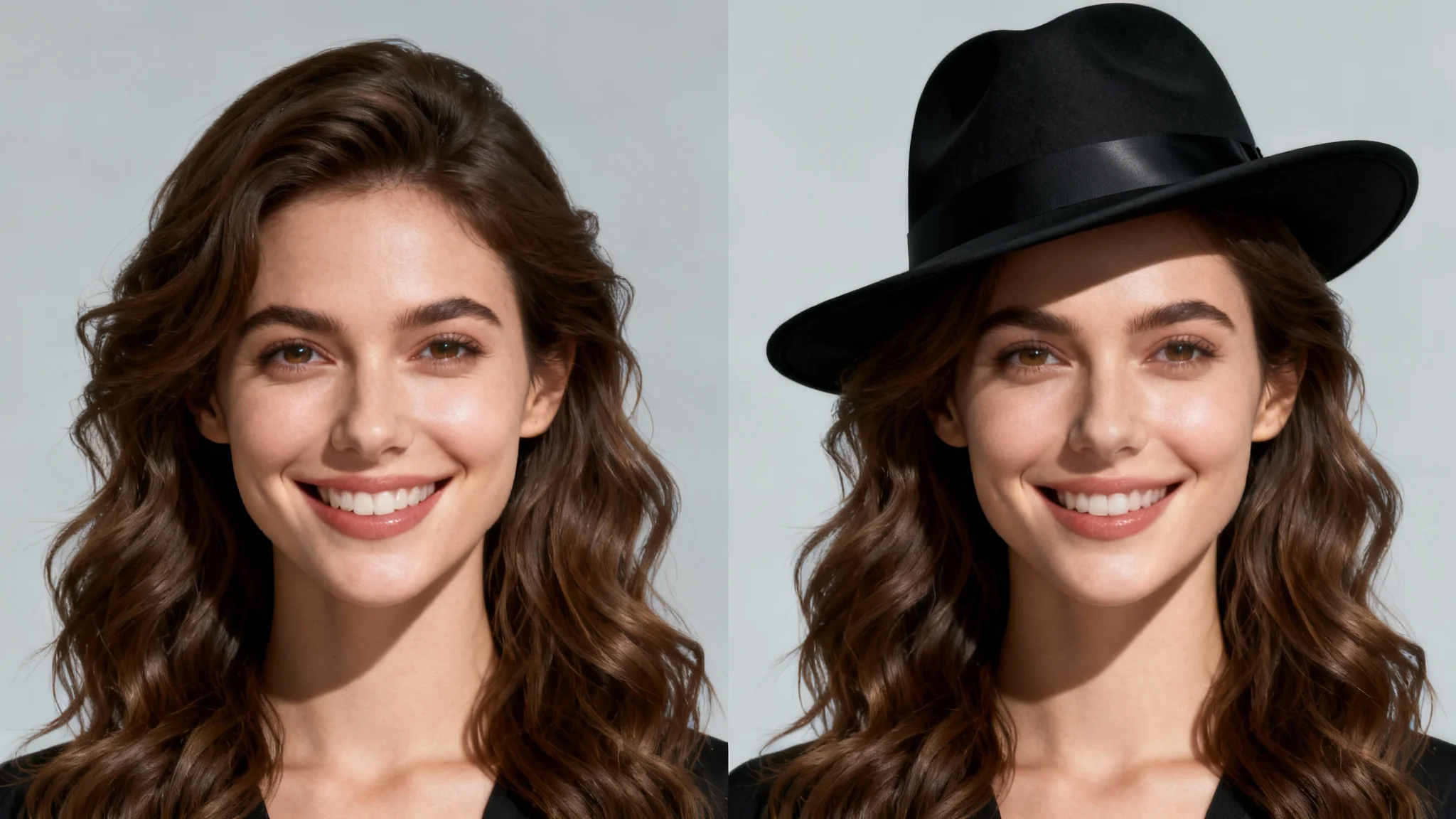 A split-screen image showing the result of a virtual hat try-on tool. On the left, a woman smiles at the camera. On the right, the same woman is shown wearing a digitally added black fedora.