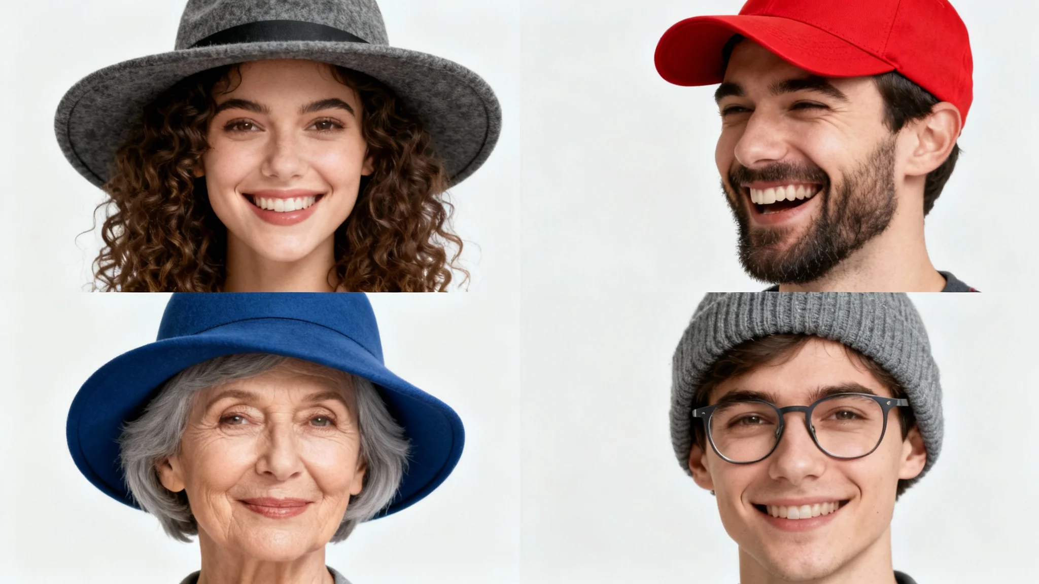 A collage of four diverse people happily modeling different types of hats: a fedora, a baseball cap, a cloche hat, and a beanie, against a clean white background.