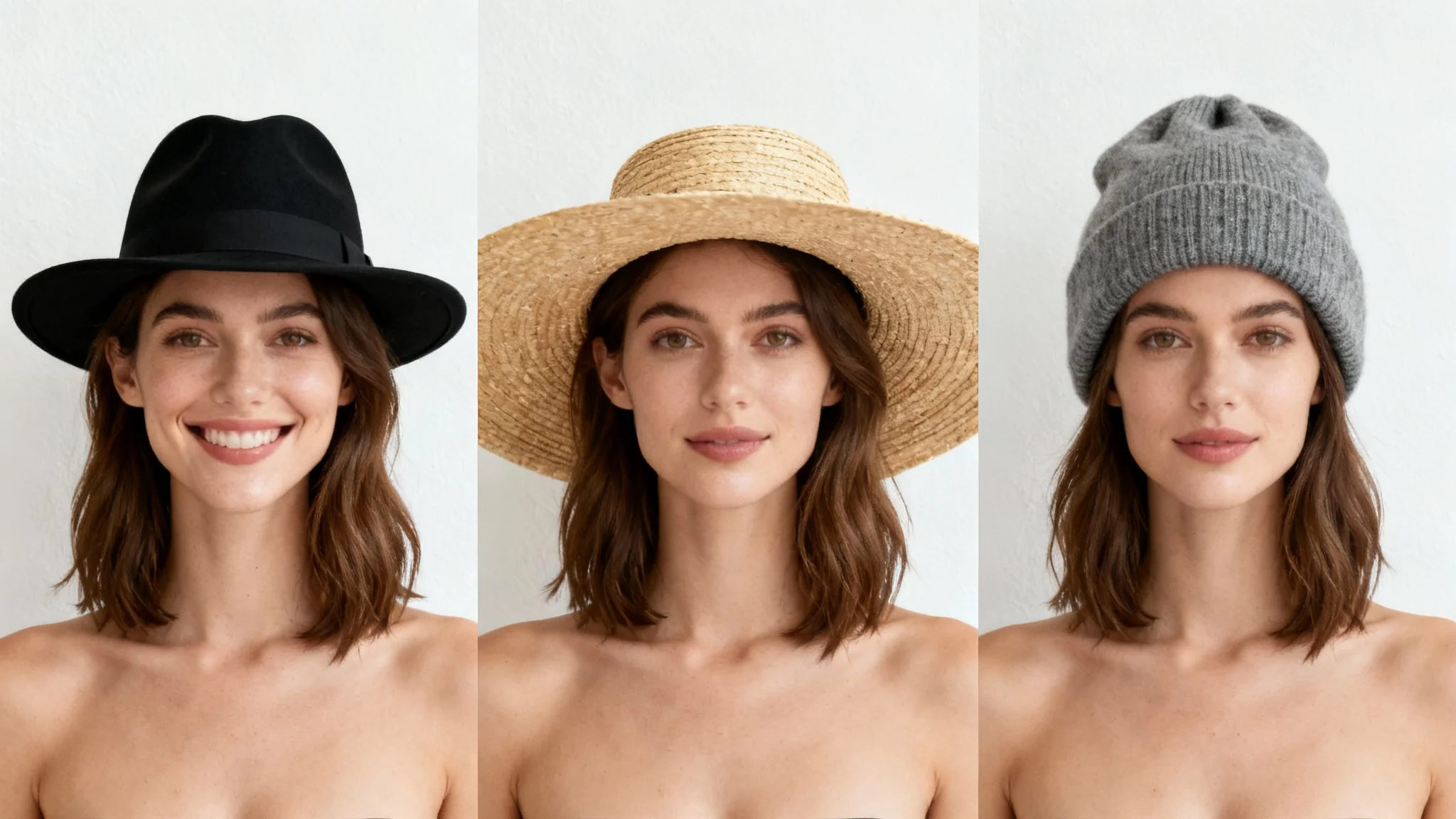 A sequence of three photos of the same woman trying on different hats against a white background: a black fedora, a straw sun hat, and a gray beanie, illustrating a hat try-on feature.