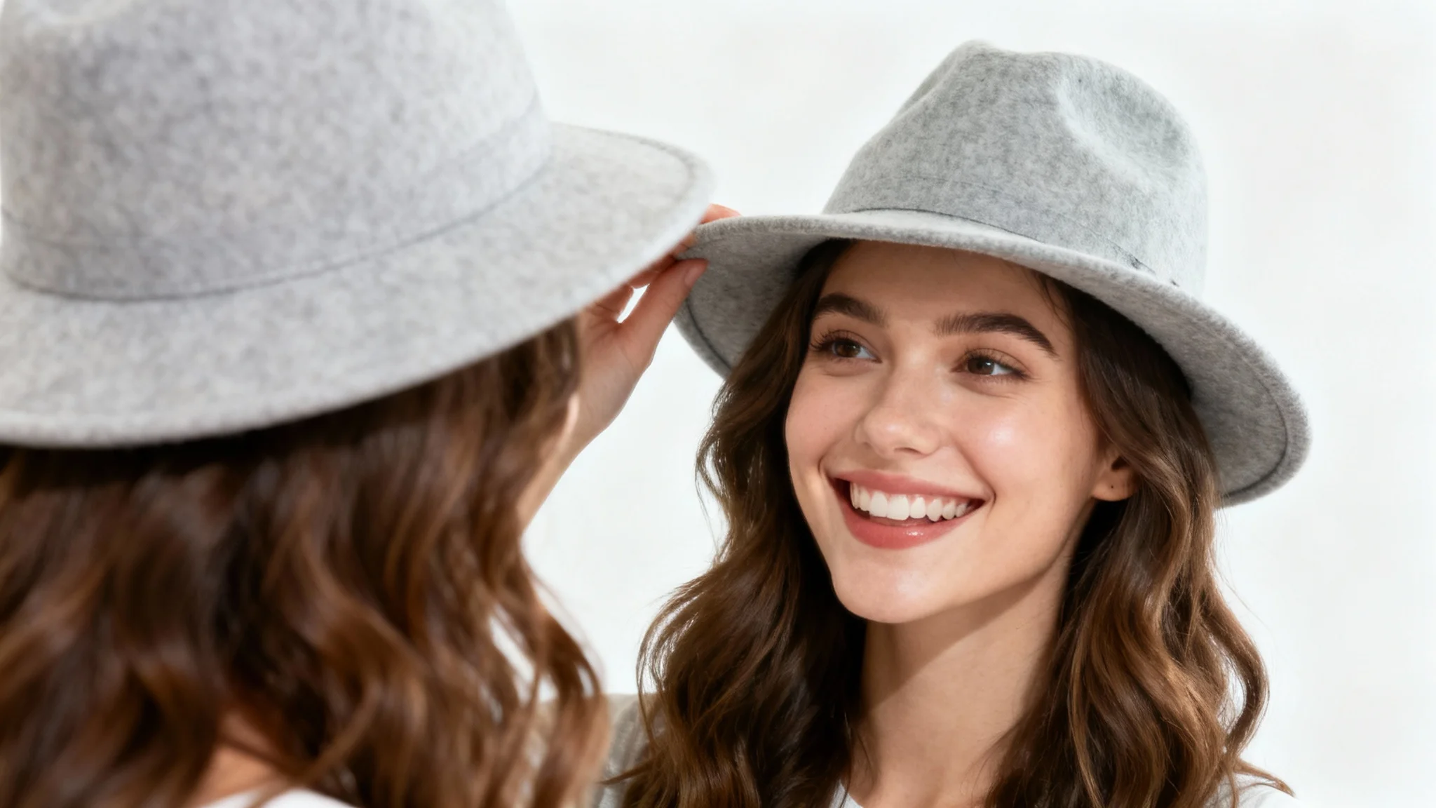 A smiling young woman with wavy brown hair models a stylish gray fedora hat against a clean white background, looking off to the side as if admiring her reflection.