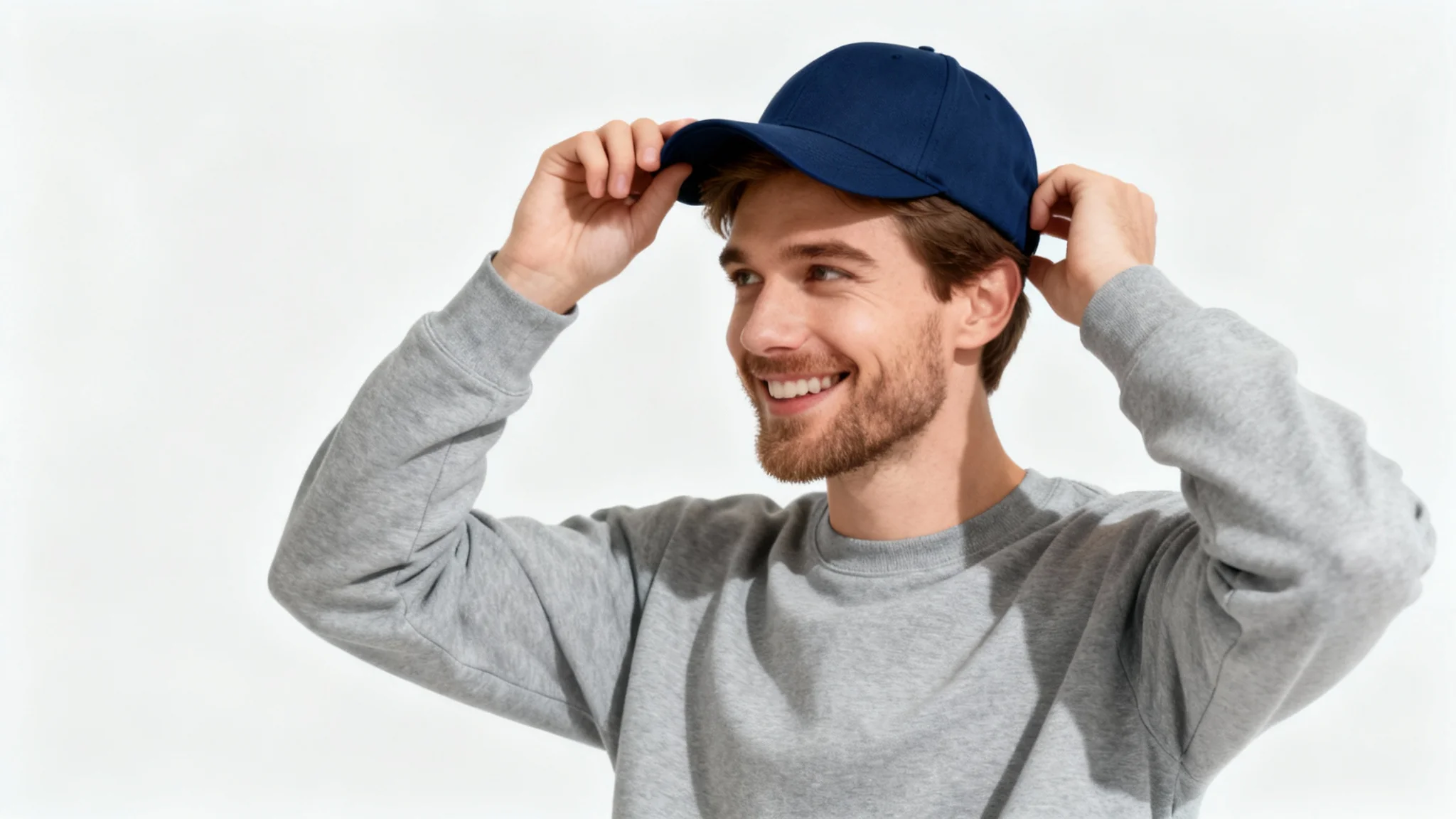 A man smiling as he tries on a navy blue baseball cap, viewed from the side against a clean white background.
