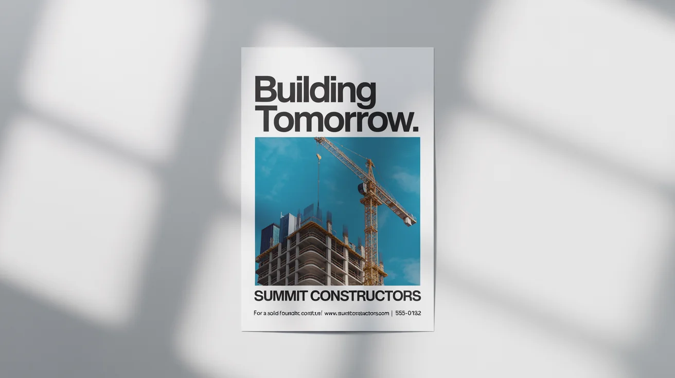 A modern construction poster for 'SUMMIT CONSTRUCTORS' with the headline 'BUILDING TOMORROW'. It features a graphic of a skyscraper under construction with a yellow crane, all on a white background mockup.