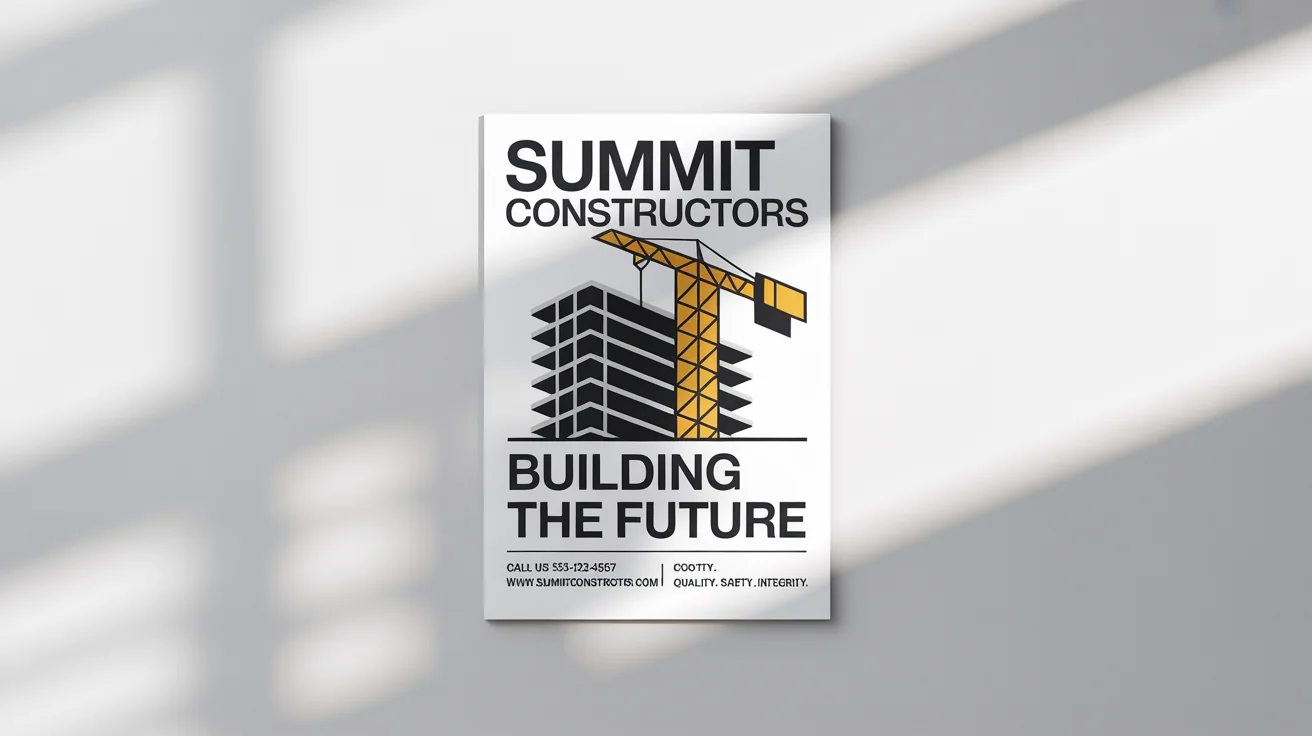 A professional mockup of a construction poster for 'Summit Constructors', featuring a yellow and black design with a building graphic, set against a plain white background.