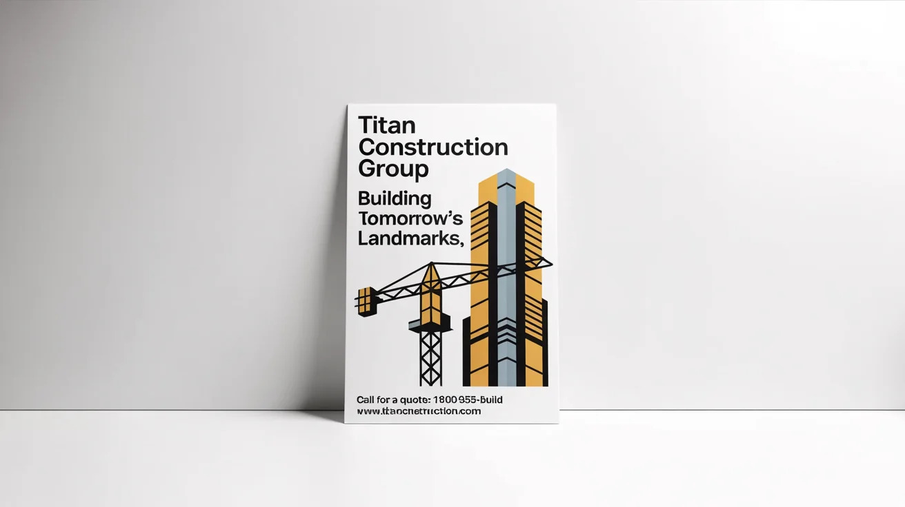 A professional mockup of a construction poster for 'Titan Construction Group,' featuring a yellow and black design with a graphic of a skyscraper and the headline 'Building Tomorrow's Landmarks,' all on a clean white background.