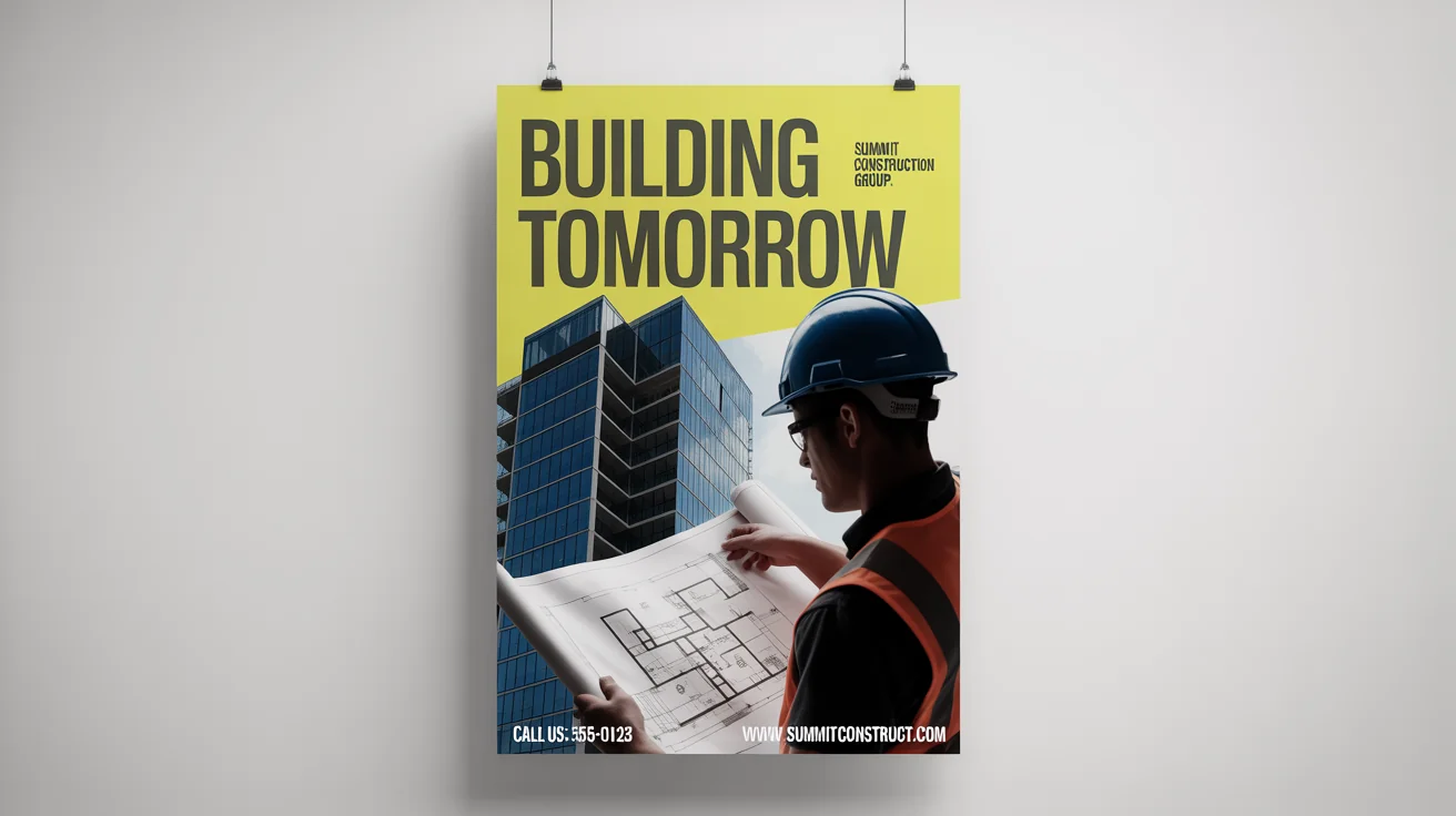 A mockup of a modern construction poster on a white background. The poster features a photo of a construction worker and includes the text 'BUILDING TOMORROW' and 'SUMMIT CONSTRUCTION GROUP'.