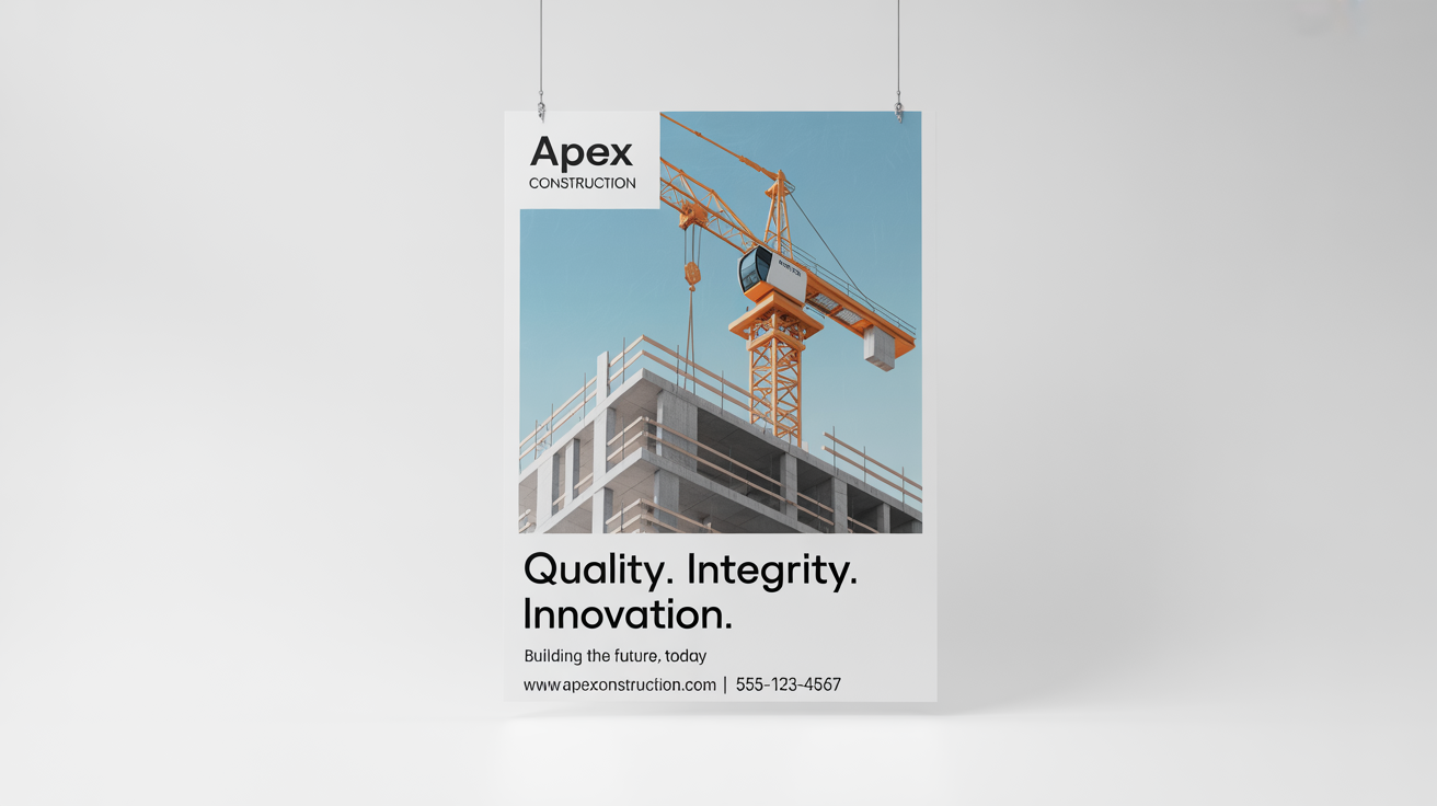 A professional construction poster for 'Apex Construction' with the headline 'QUALITY. INTEGRITY. INNOVATION.' and an image of a building under construction, displayed as a mockup on a white background.