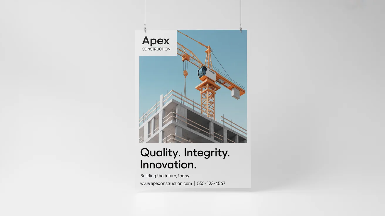 A professional construction poster for 'Apex Construction' with the headline 'QUALITY. INTEGRITY. INNOVATION.' and an image of a building under construction, displayed as a mockup on a white background.