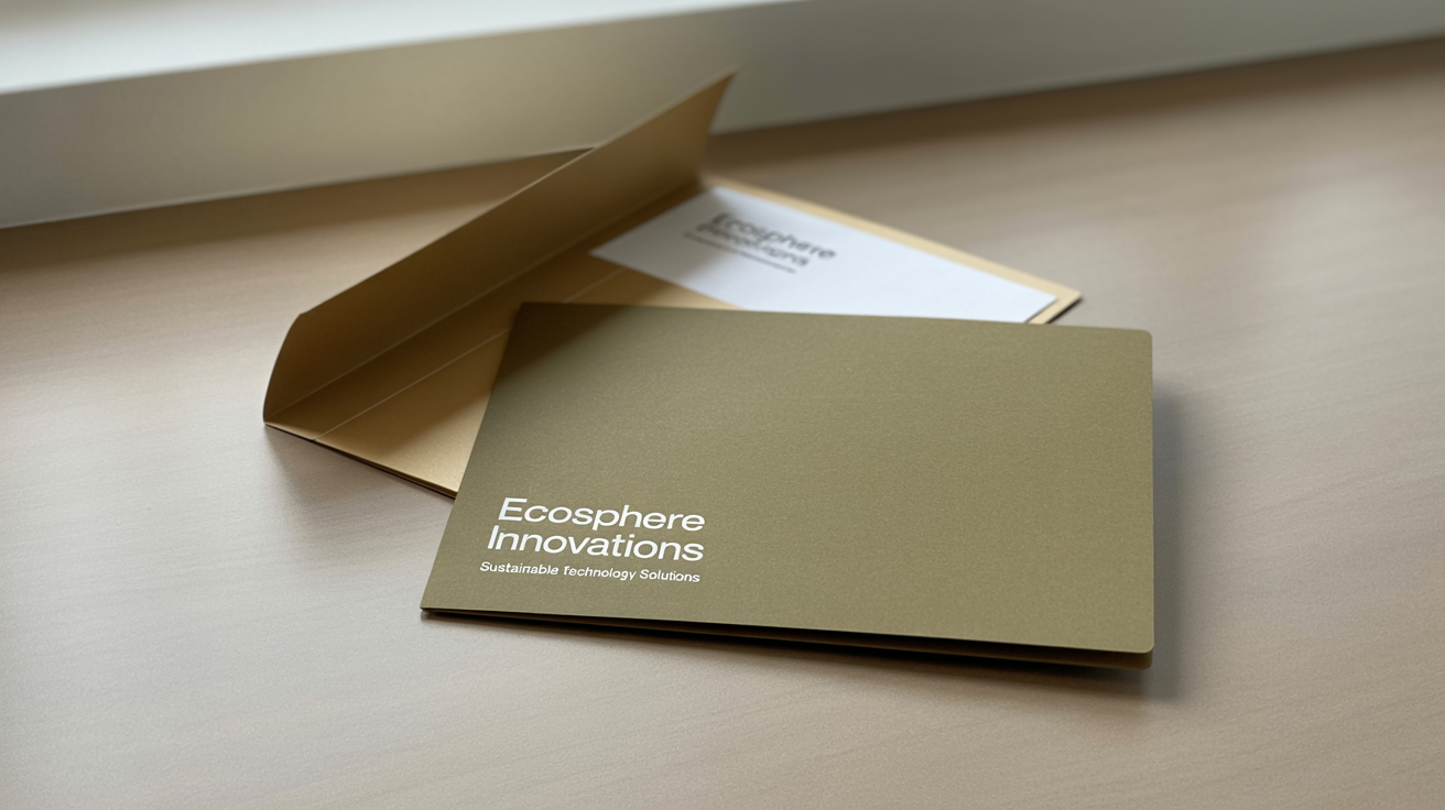 A professional hero image mockup of a dark green presentation folder with the brand name 'EcoSphere Innovations' beautifully designed on the front, set against a clean, light gray background.