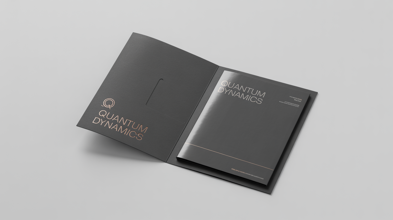 A professional mockup of a matte black corporate folder with a copper foil logo for 'Quantum Dynamics', displayed slightly open on a white background.