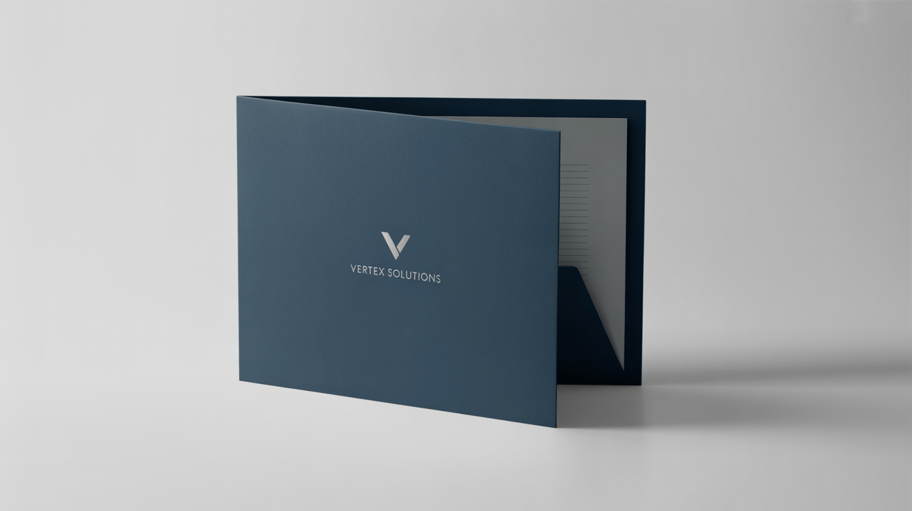 A professional mockup of a dark navy blue presentation folder with the fictional company name 'Vertex Solutions' in silver text, shown at an angle on a white background.