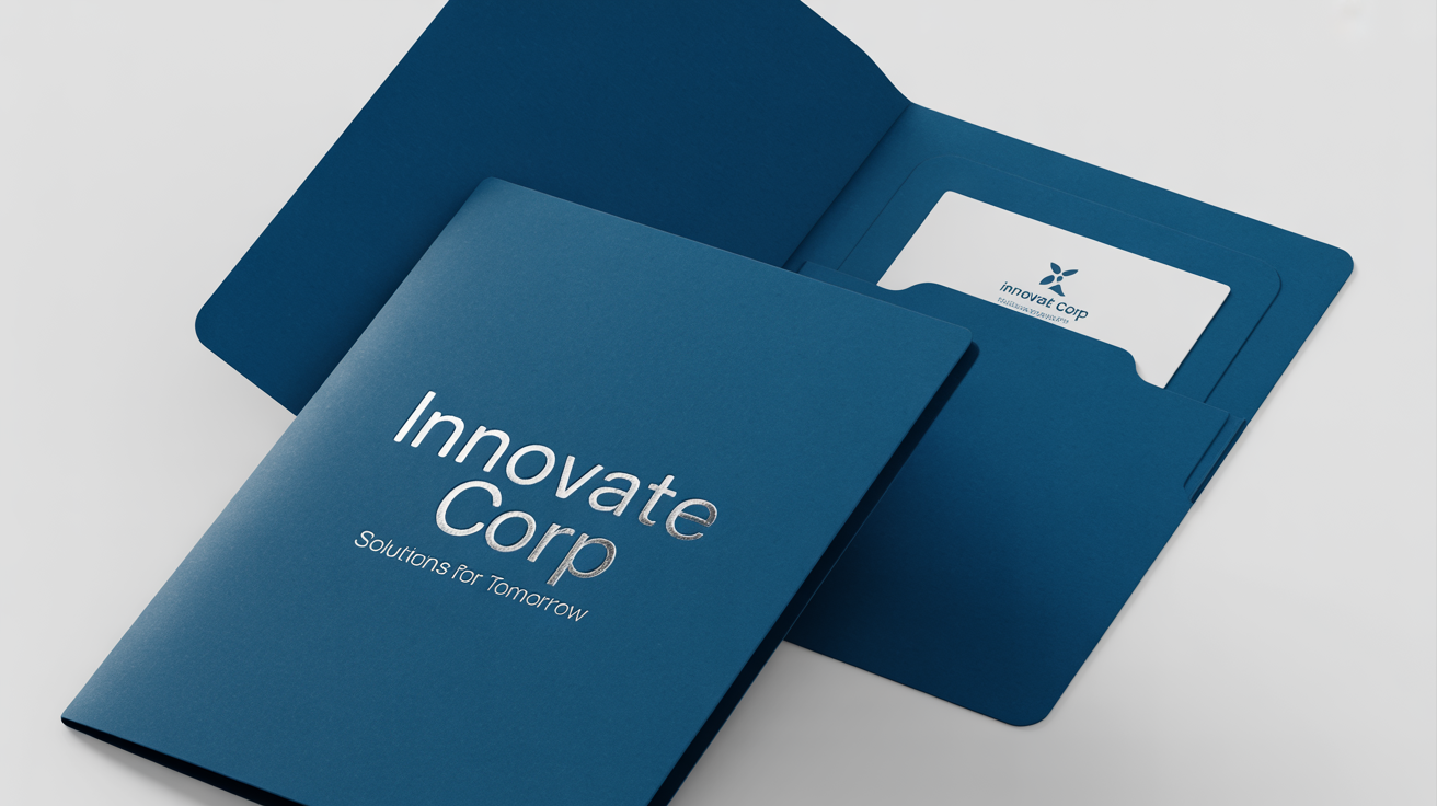 A professional mockup of two navy blue presentation folders from 'Innovate Corp' on a white background. One folder is closed, and the other is open, showing a business card in its pocket.